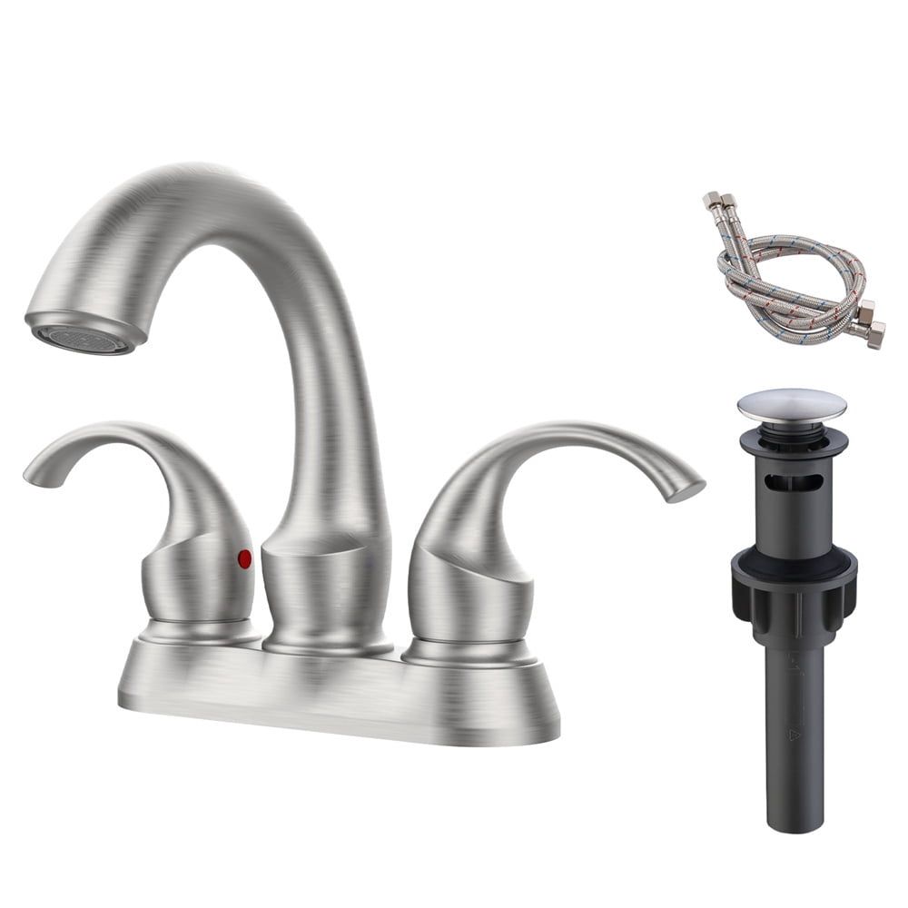 Brushed Nickel 4-Inch Centerset Double Handle Bathroom Faucet with Pop-Up Drain