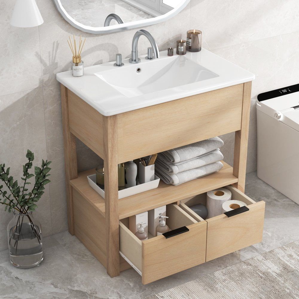 Natural 30" Bathroom Vanity with Ceramic Sink and Storage