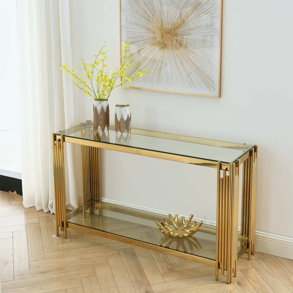 Gold and Clear Glass 55" Console Table with Metal Frame