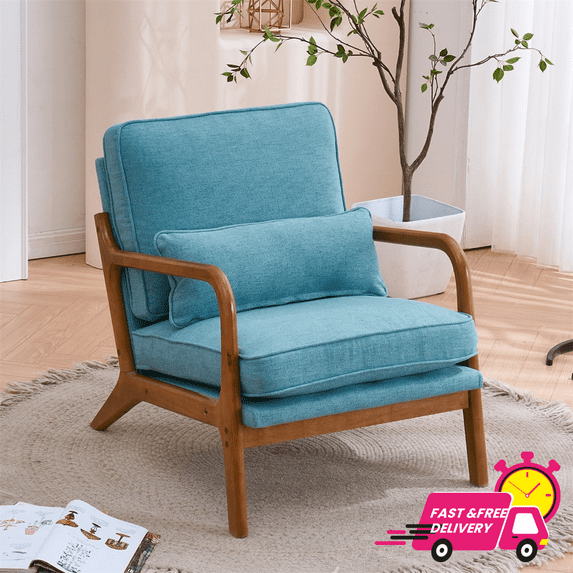 Teal Linen Mid-Century Modern Barrel Accent Chair with Wood Frame
