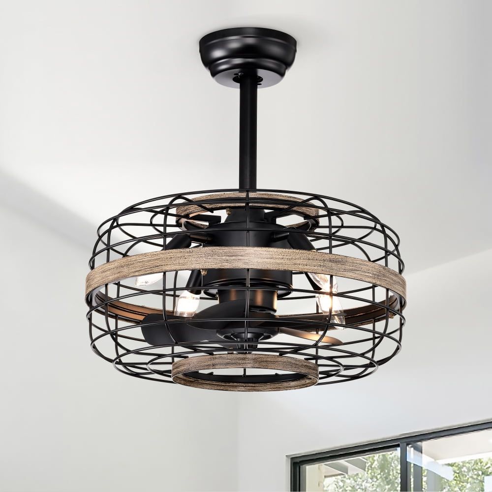 18'' Matte Black Caged Ceiling Fan with Remote and LED Light