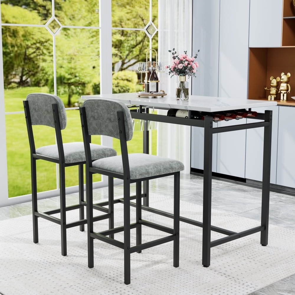 Gray and White Marble Top Pub Table Set with Upholstered Chairs