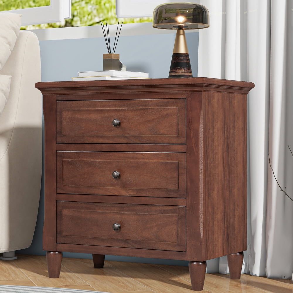 Brown Pine Wood 3-Drawer Modern Nightstand