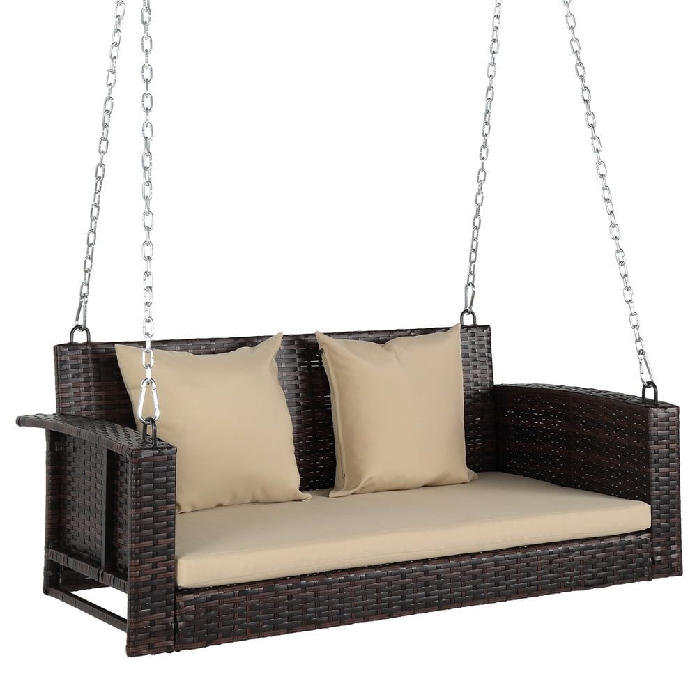 Brown Wicker Steel Porch Swing with Beige Cushions