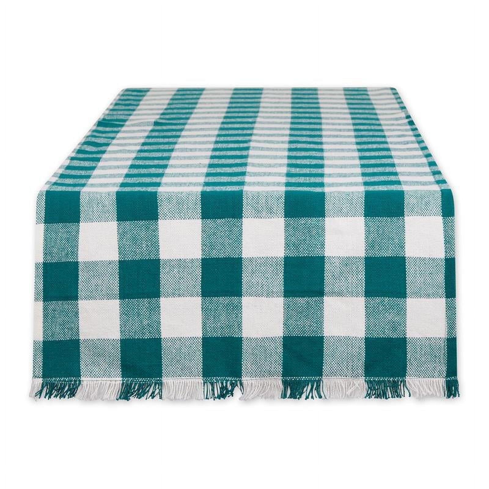 Teal and White Cotton Checkered Fringed Table Runner 14x72