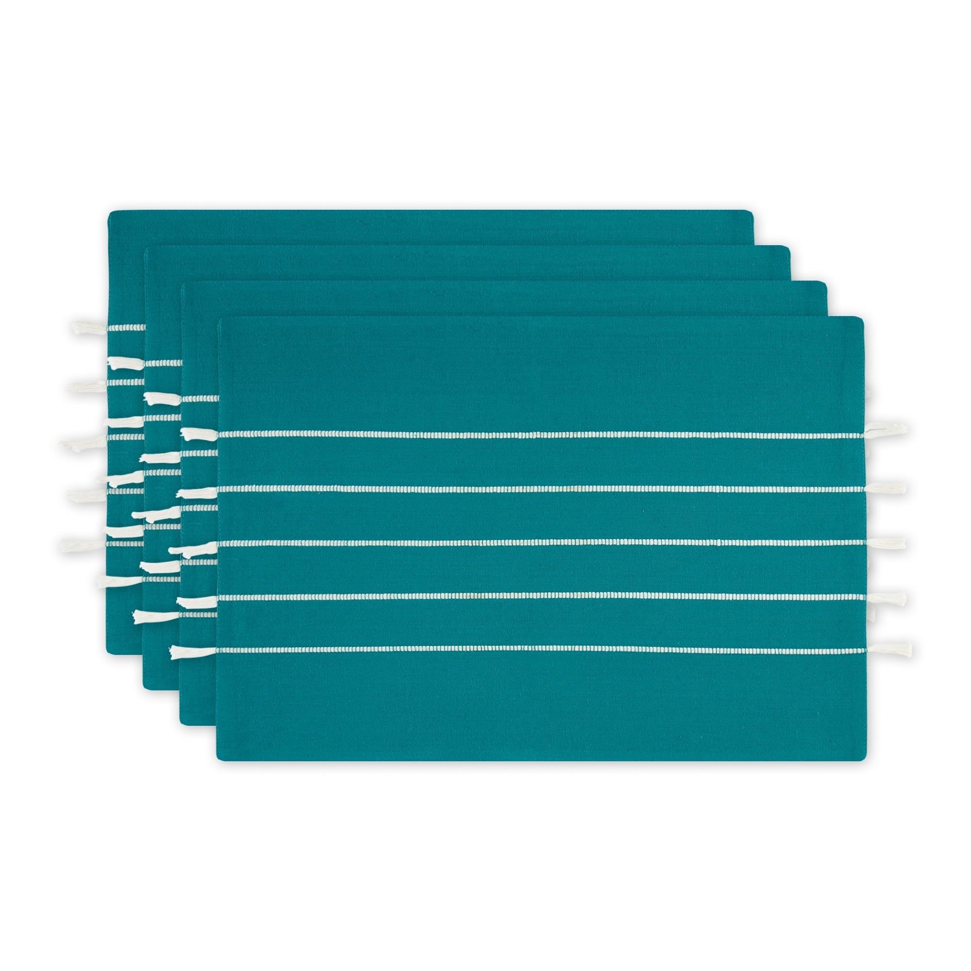 Teal and Off-White Cotton Stripe Tassel Placemats, Set of 4