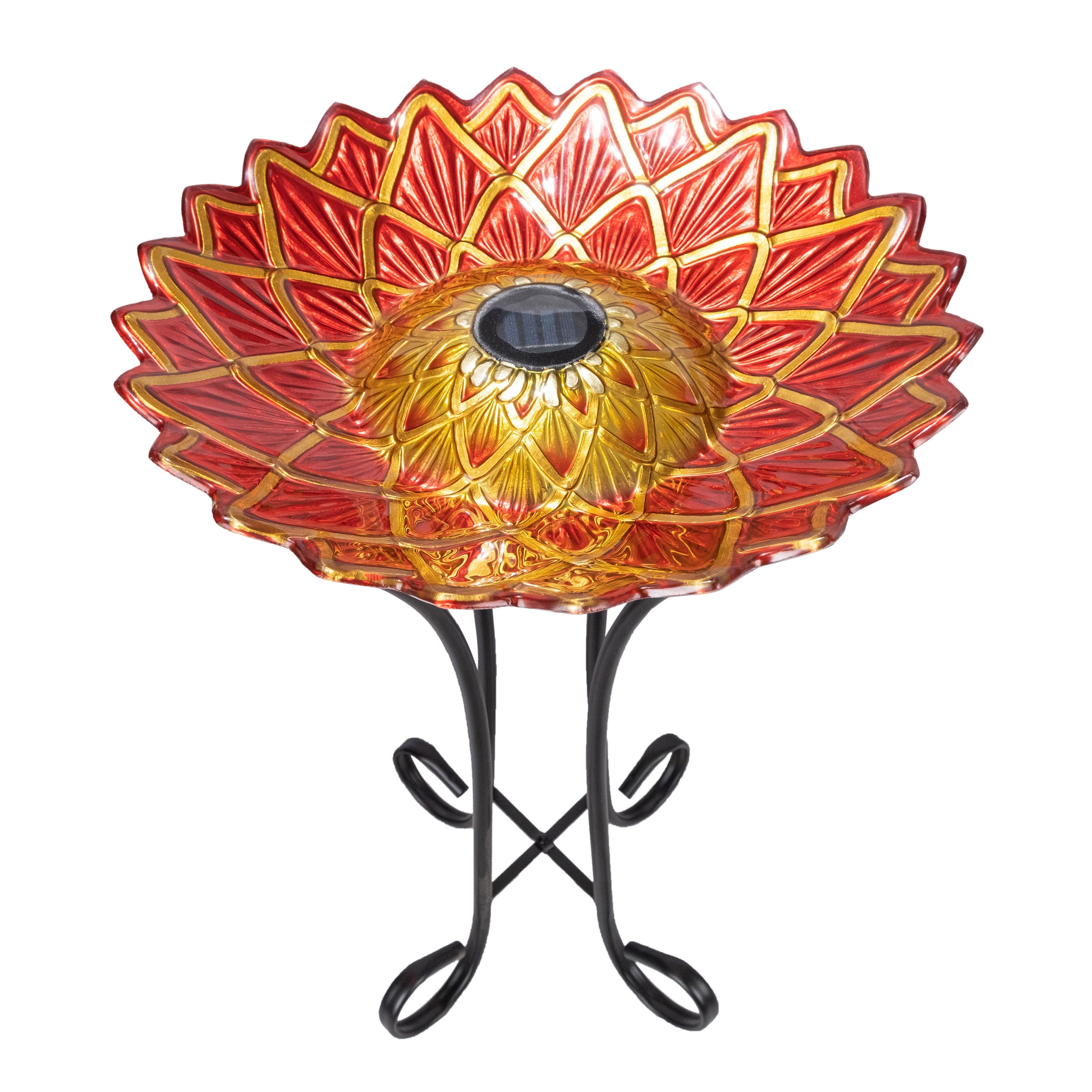 Red and Gold Glass Birdbath with Solar Light and Metal Stand