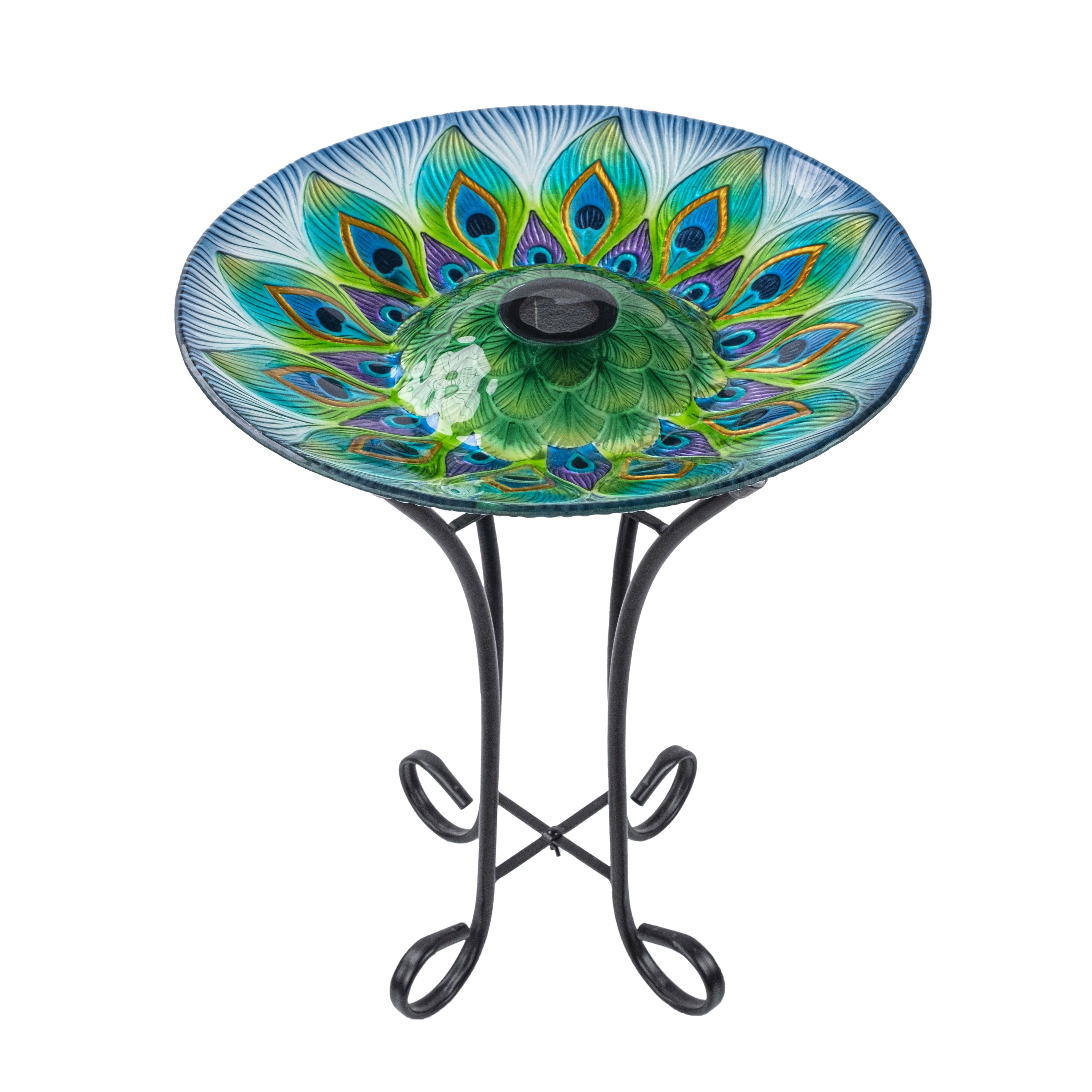 Peacock Design Blue and Green Glass Birdbath with Solar Light