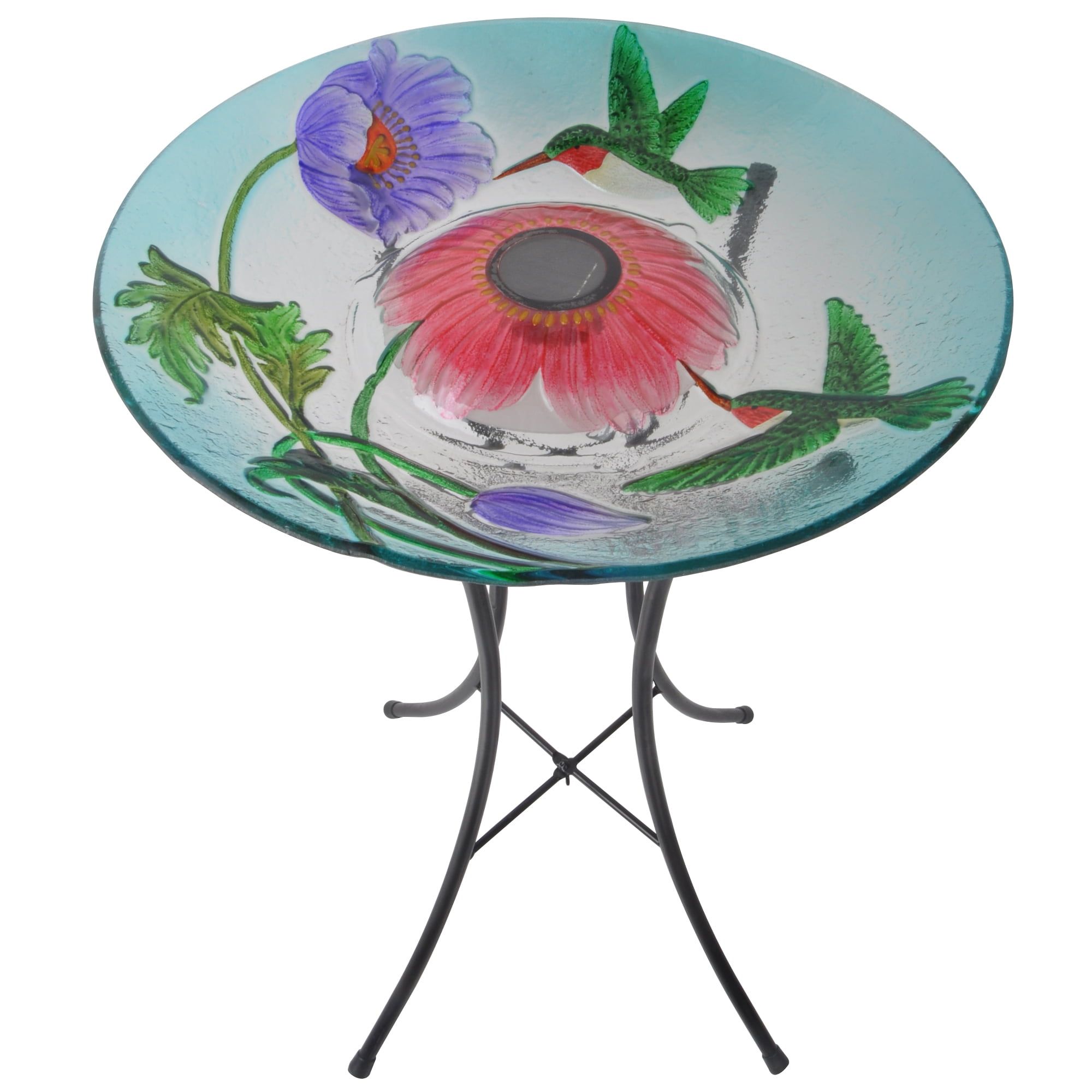 18" Multicolor Glass Hummingbird Solar Bird Bath with Stand