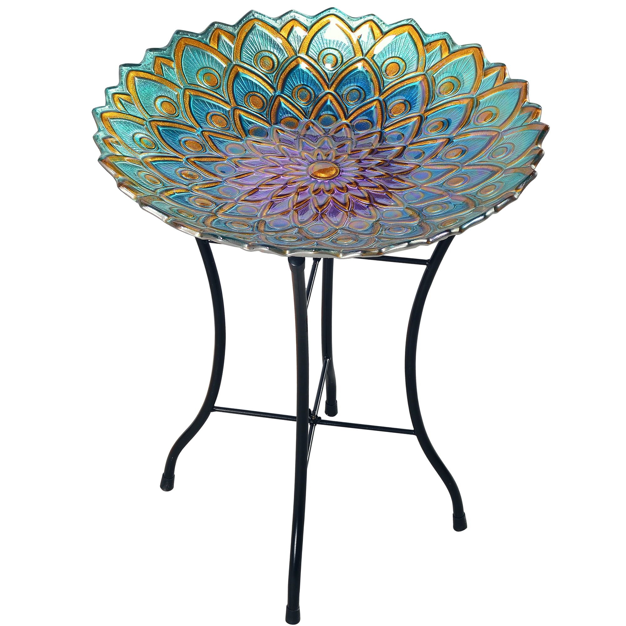 18" Multicolor Mosaic Glass Bird Bath with Metal Stand