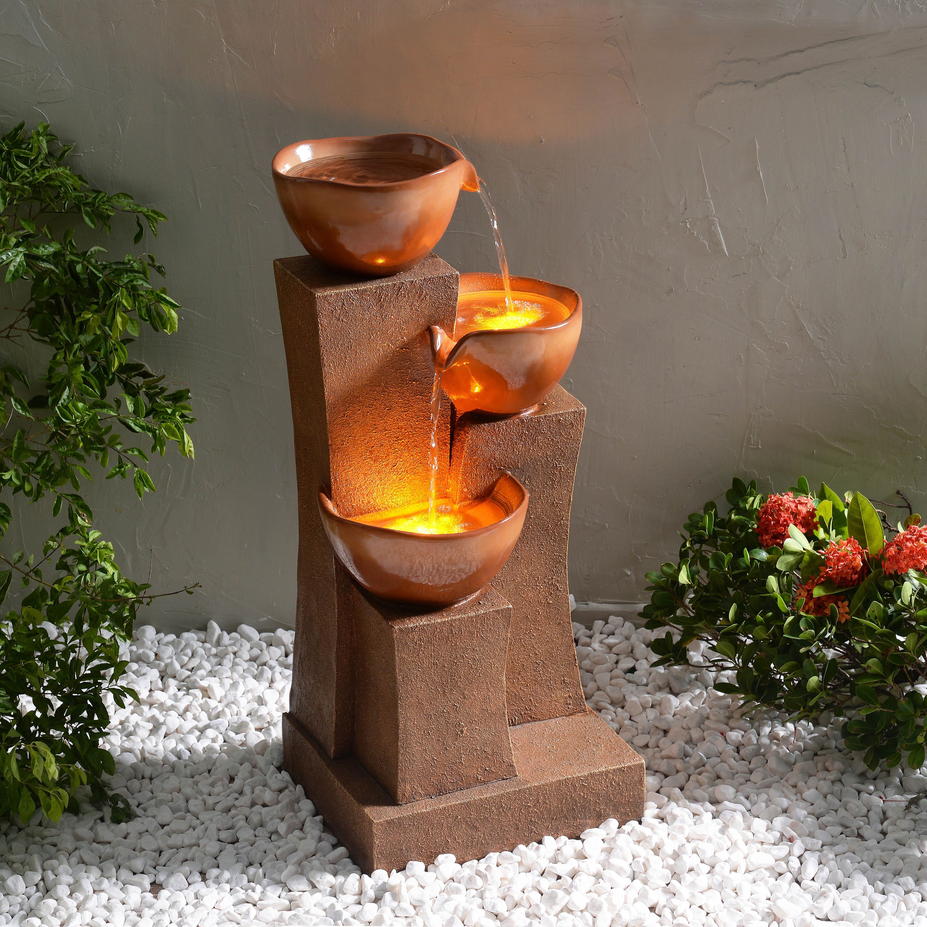 Brown Polyresin 3-Tier Cascading Outdoor Water Fountain with LED Lights