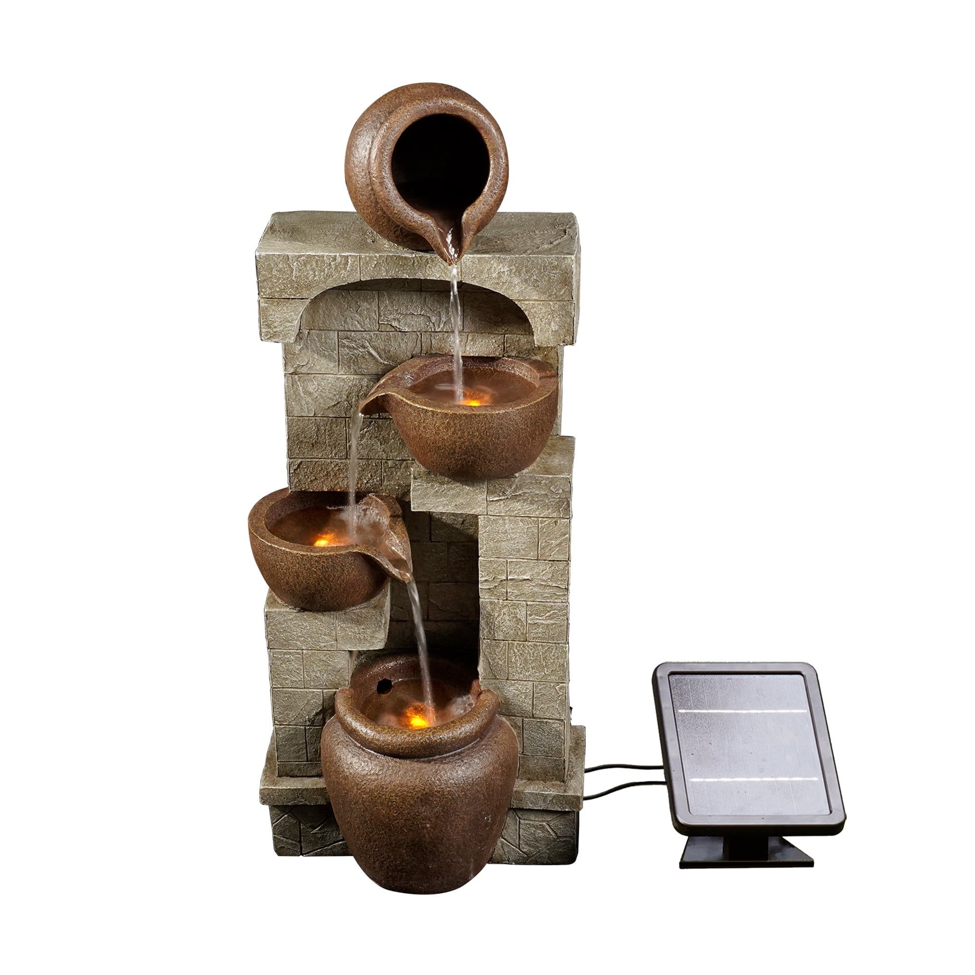 28.5" Brown Stone-Look Solar Powered 4-Tier Water Fountain