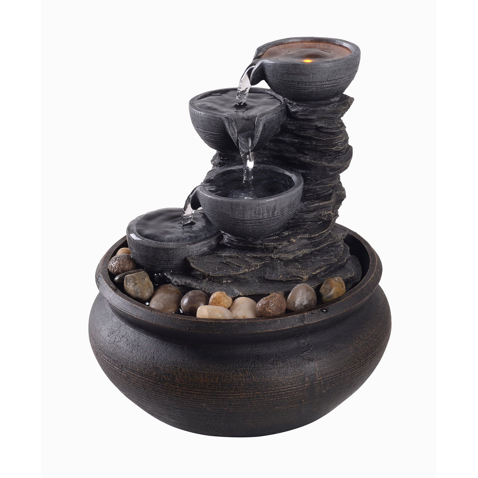 Stone Gray 4-Tier Tabletop Fountain with LED Lights