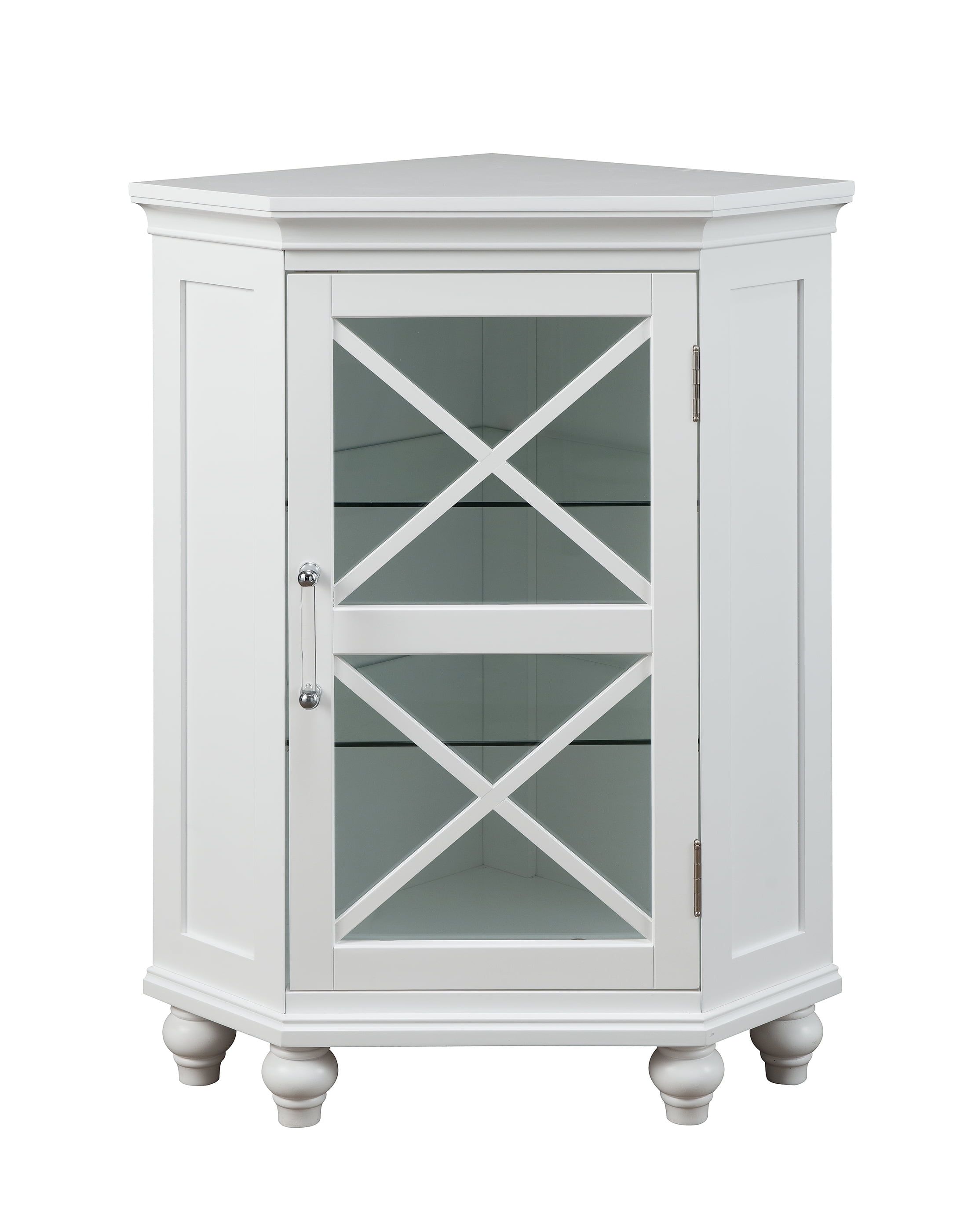 Classic White Corner Cabinet with Blue Accents and Adjustable Shelves