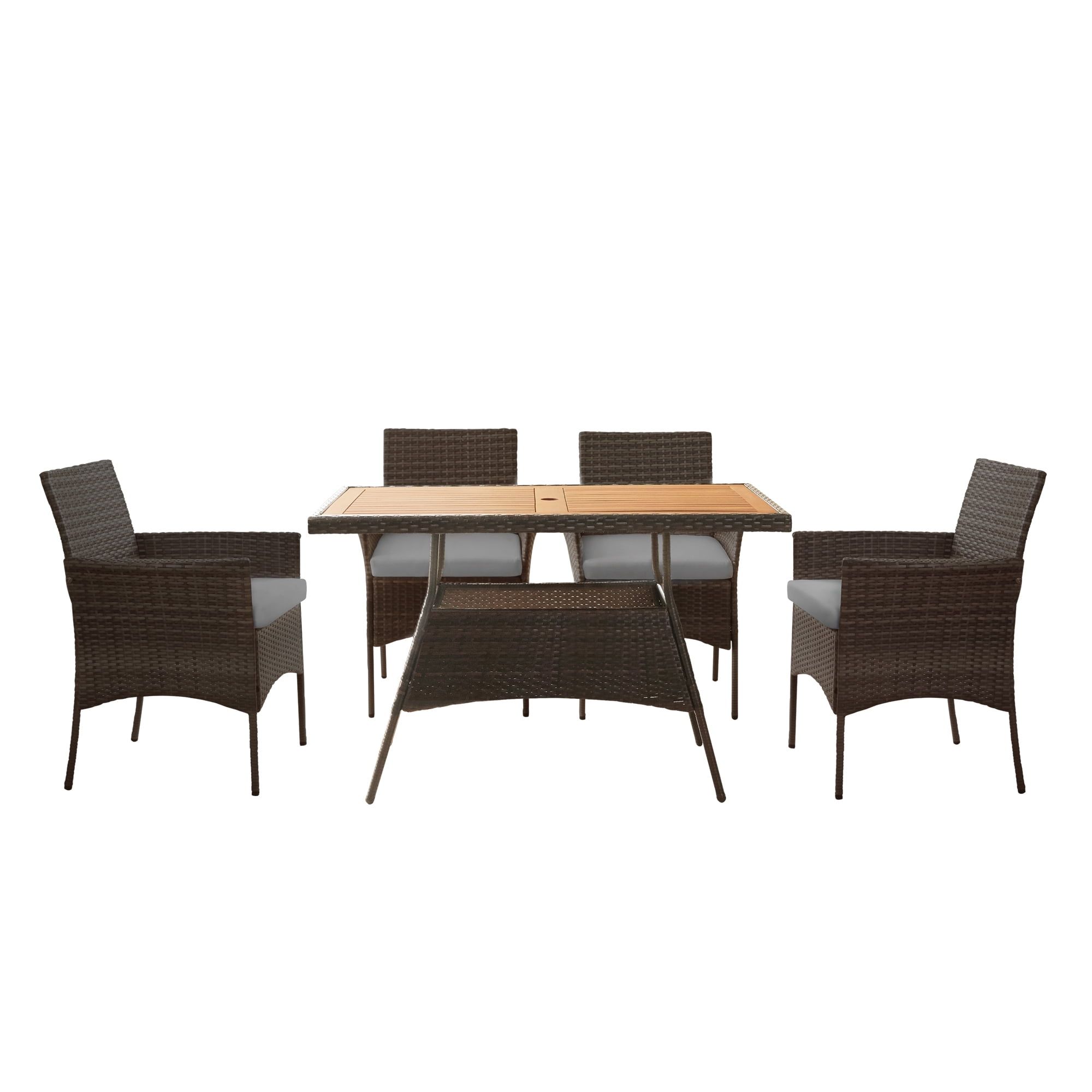 Brown 5-Piece Rattan and Acacia Wood Outdoor Dining Set