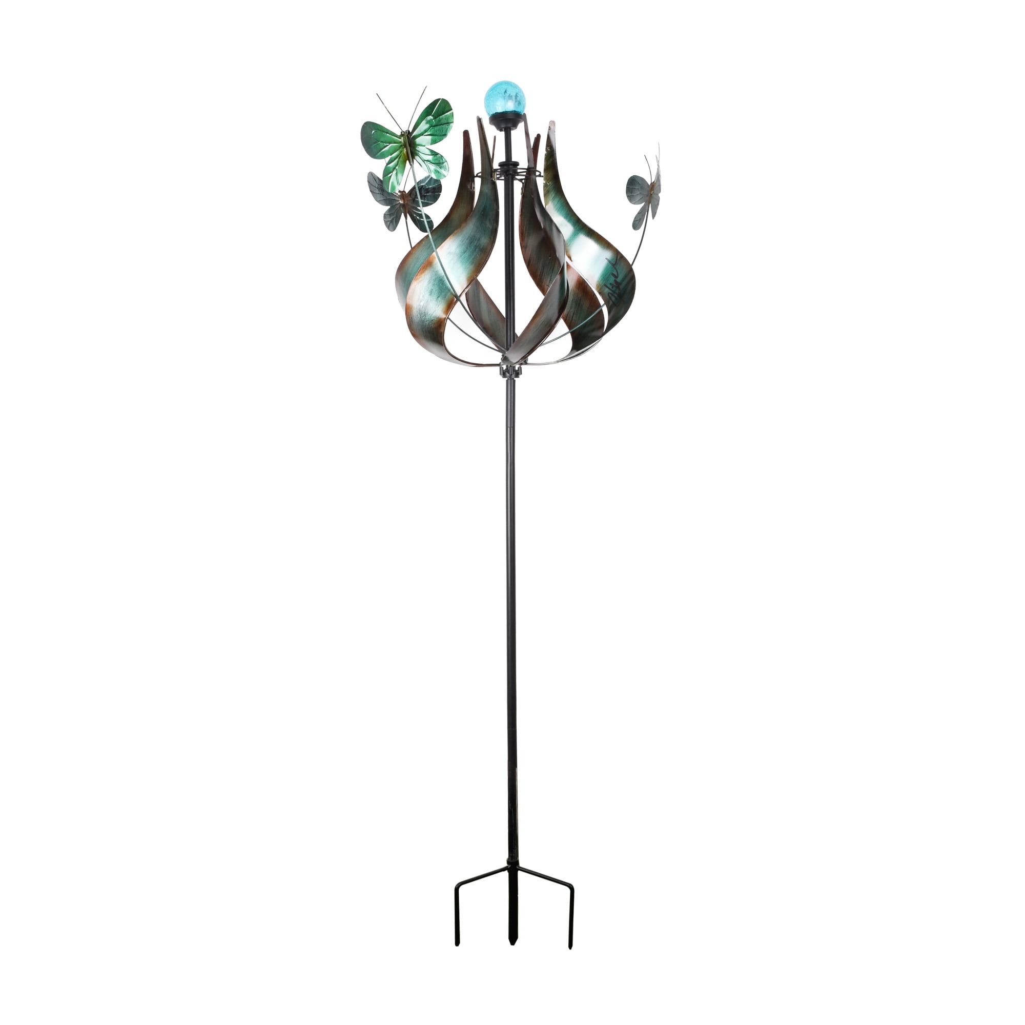 Teal Metal Tulip and Butterfly Kinetic Windmill with LED Light