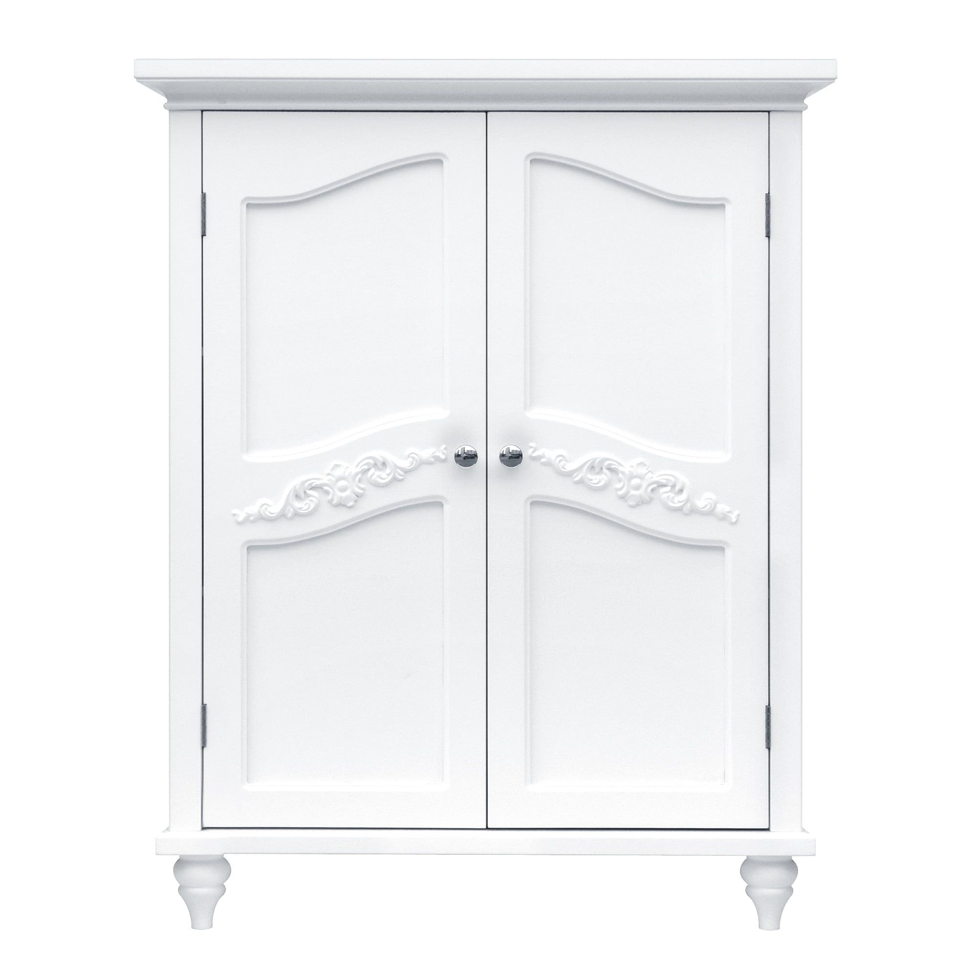 White Wooden Cabinet with Adjustable Shelves and Engraved Doors