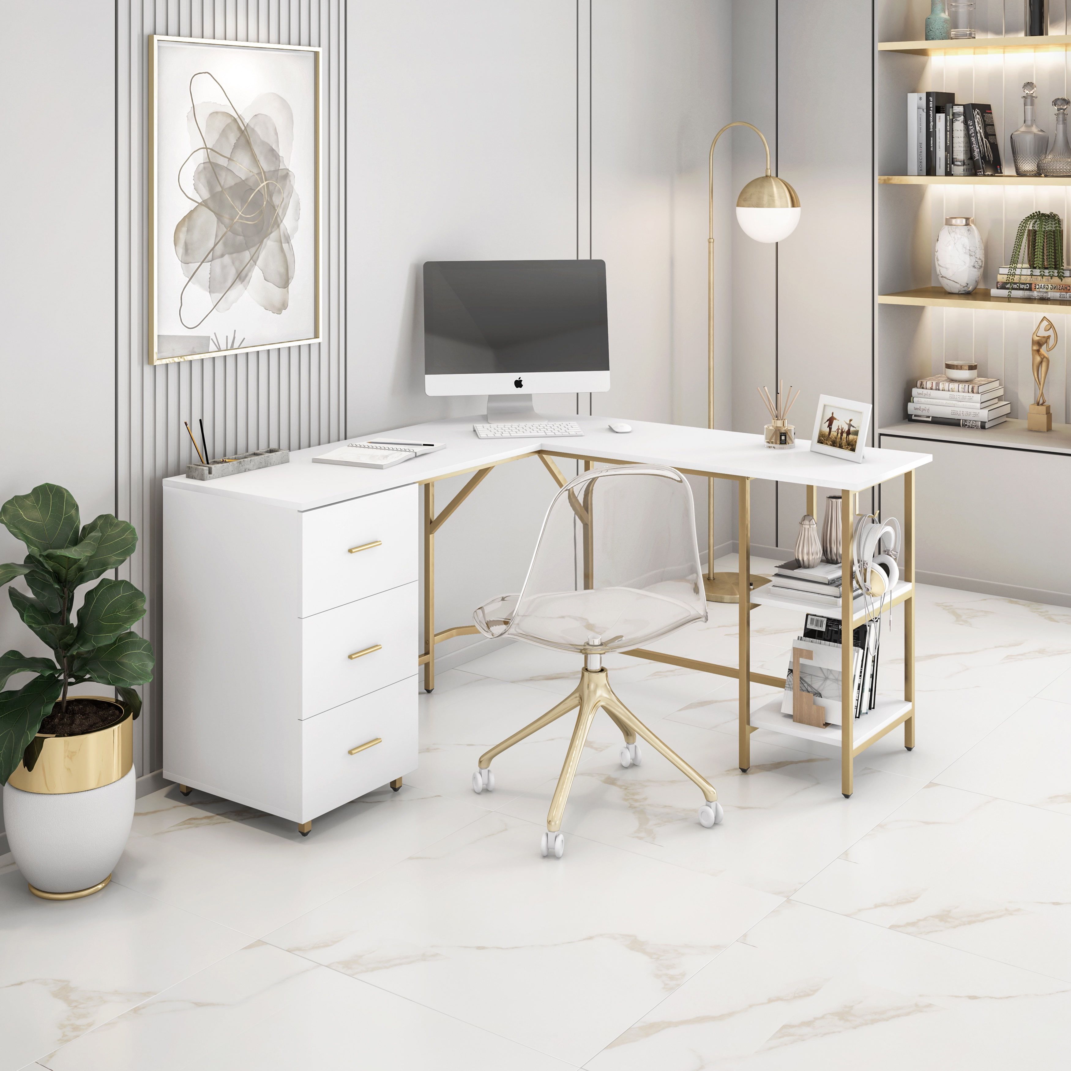 Gold and White L-Shaped Computer Desk with Drawers