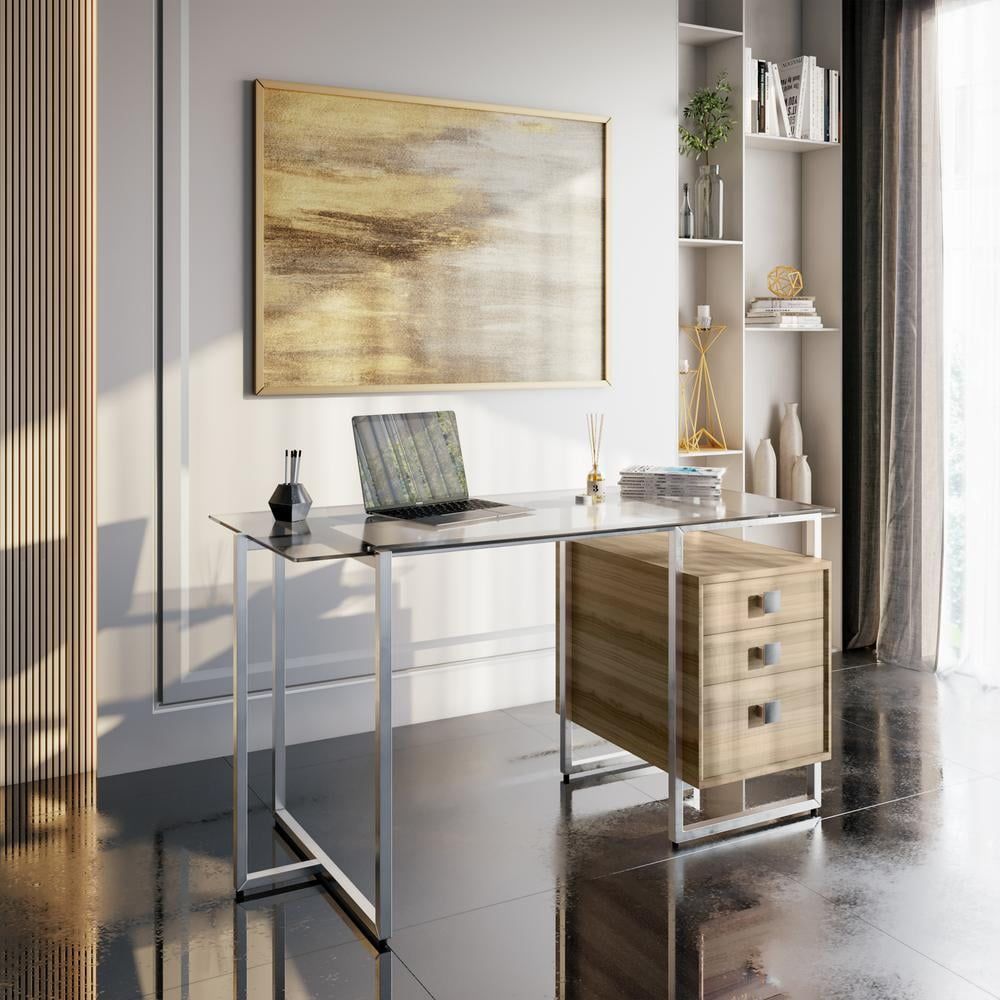 Modern 55" Glass and Metal Computer Desk with Oak Drawers