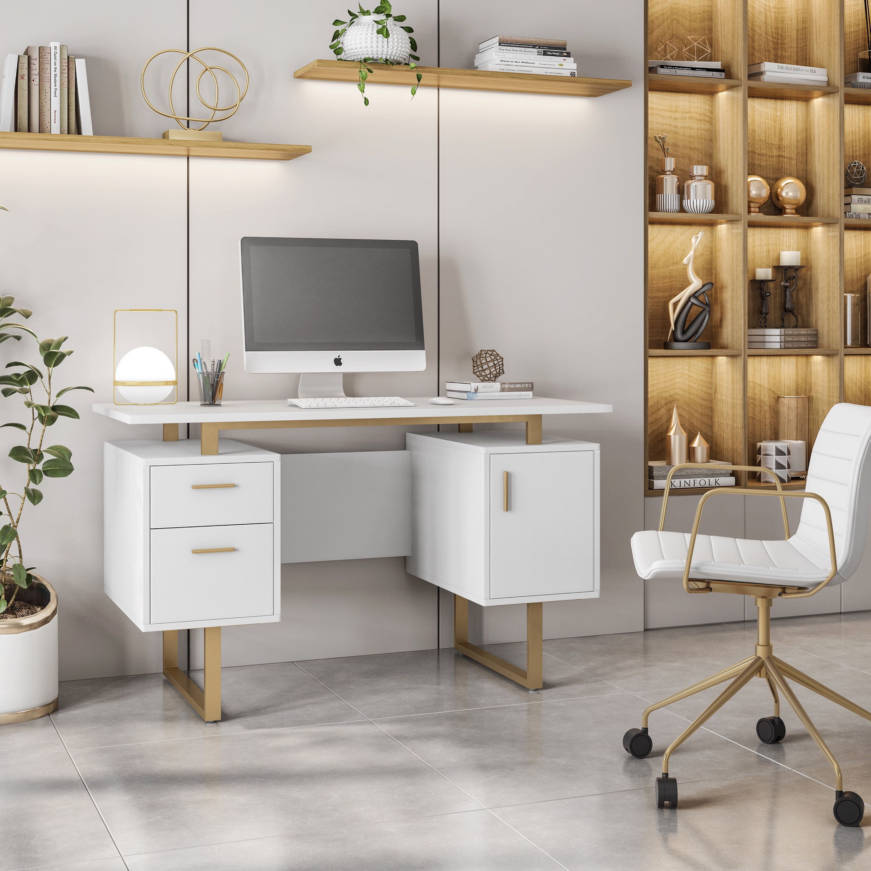 White and Gold Modern Writing Desk with Storage Drawers