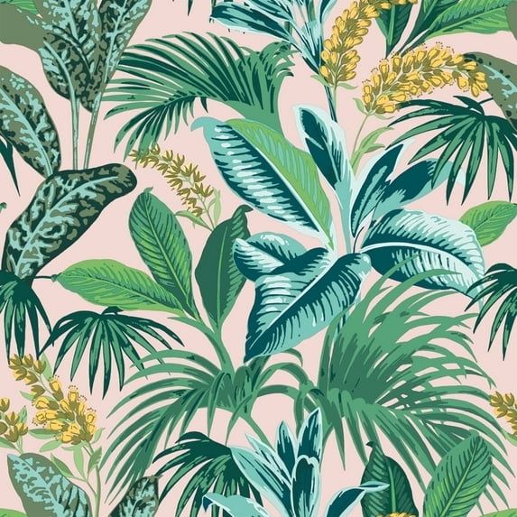 Pink and Green Botanical Tropical Peel and Stick Wallpaper Roll