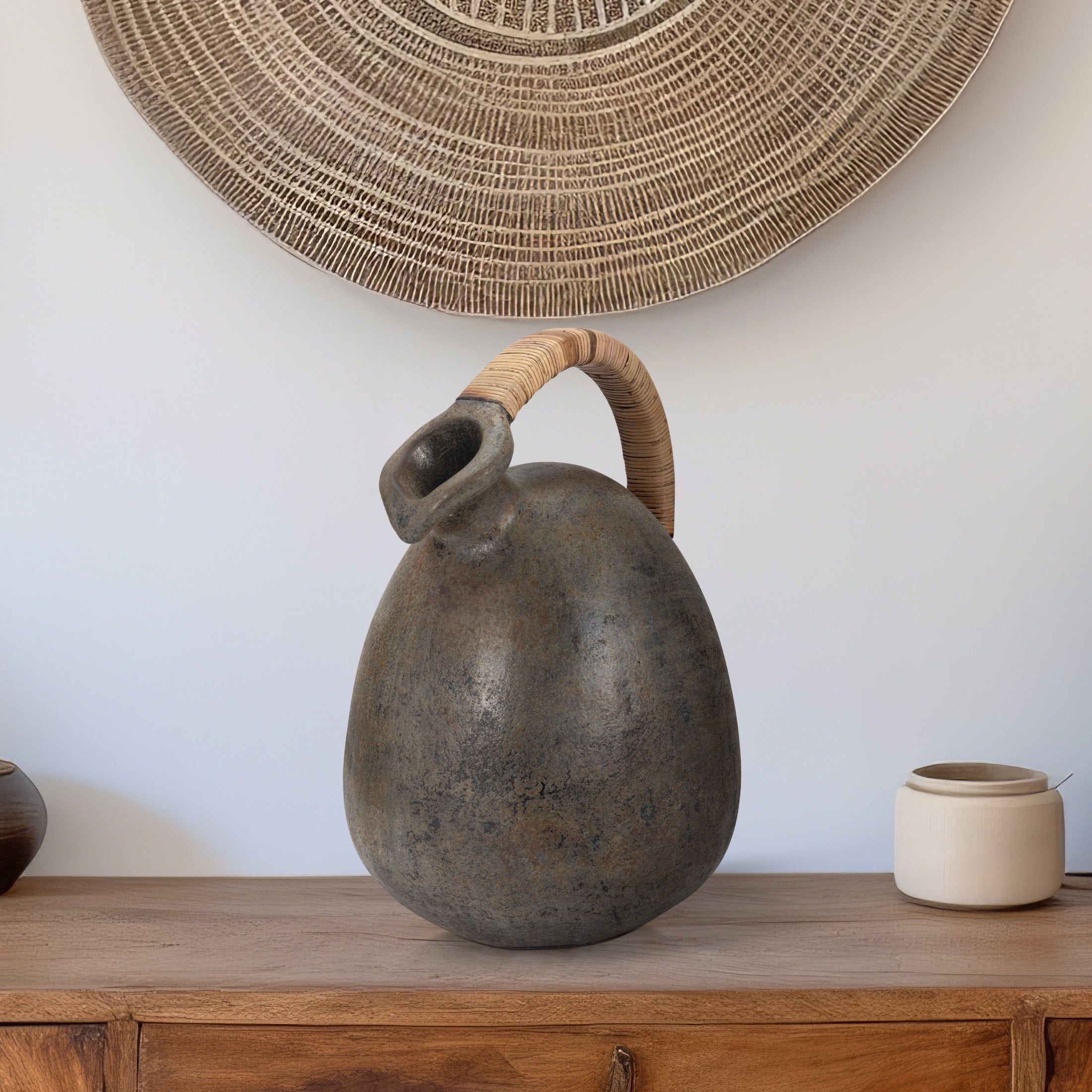 Rustic Terracotta Jug with Woven Handle, 16"