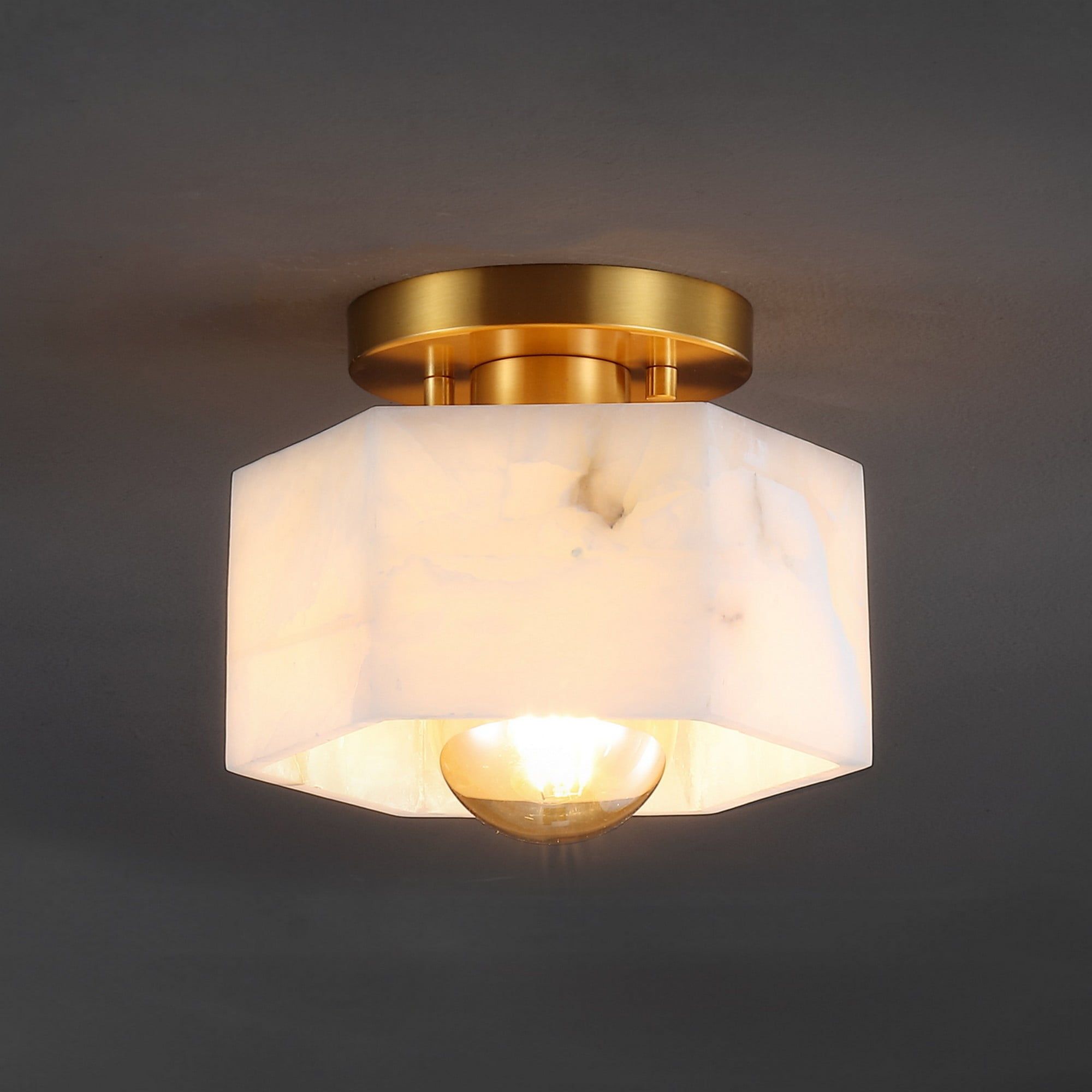 Tessa 8" White Marbling Brass LED Semi Flush Mount Light