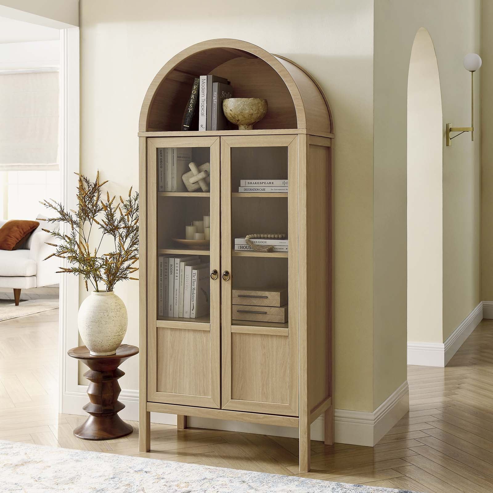 Tessa Tall Oak Arched Storage Display Cabinet with Glass Doors