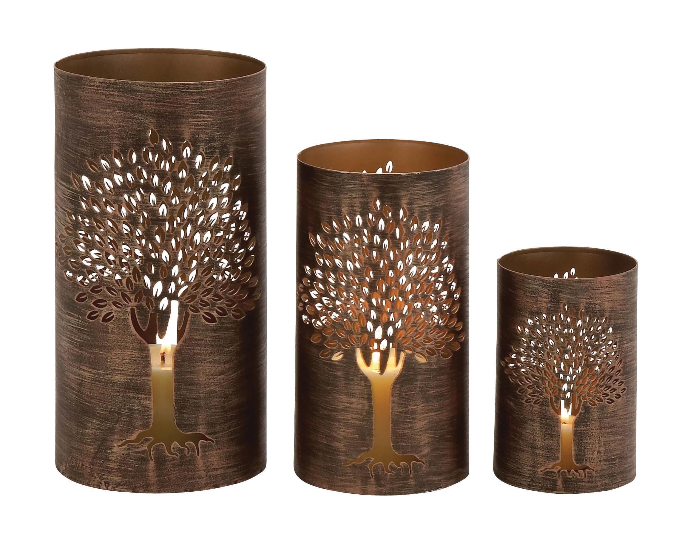 Copper Tree Decorative Leaves Cylinder Lantern Set of 3