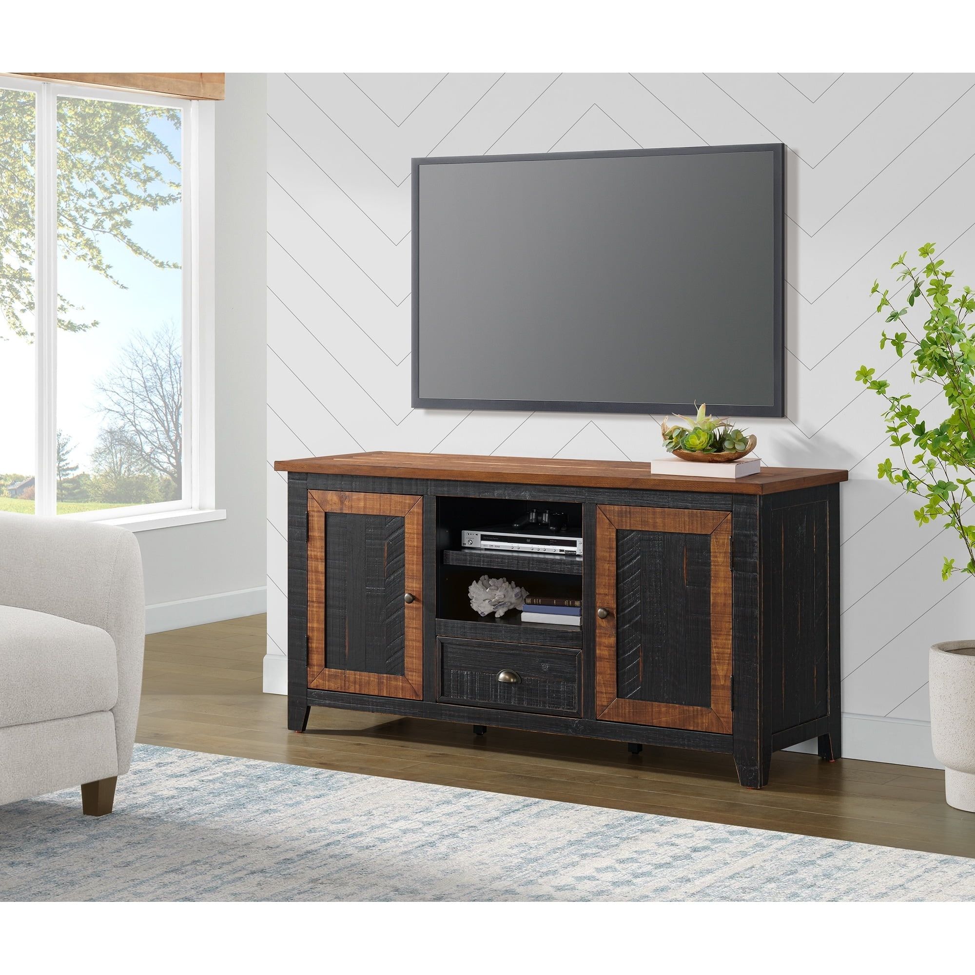 Monterey Black and Honey Pine Solid Wood TV Stand with Cabinet