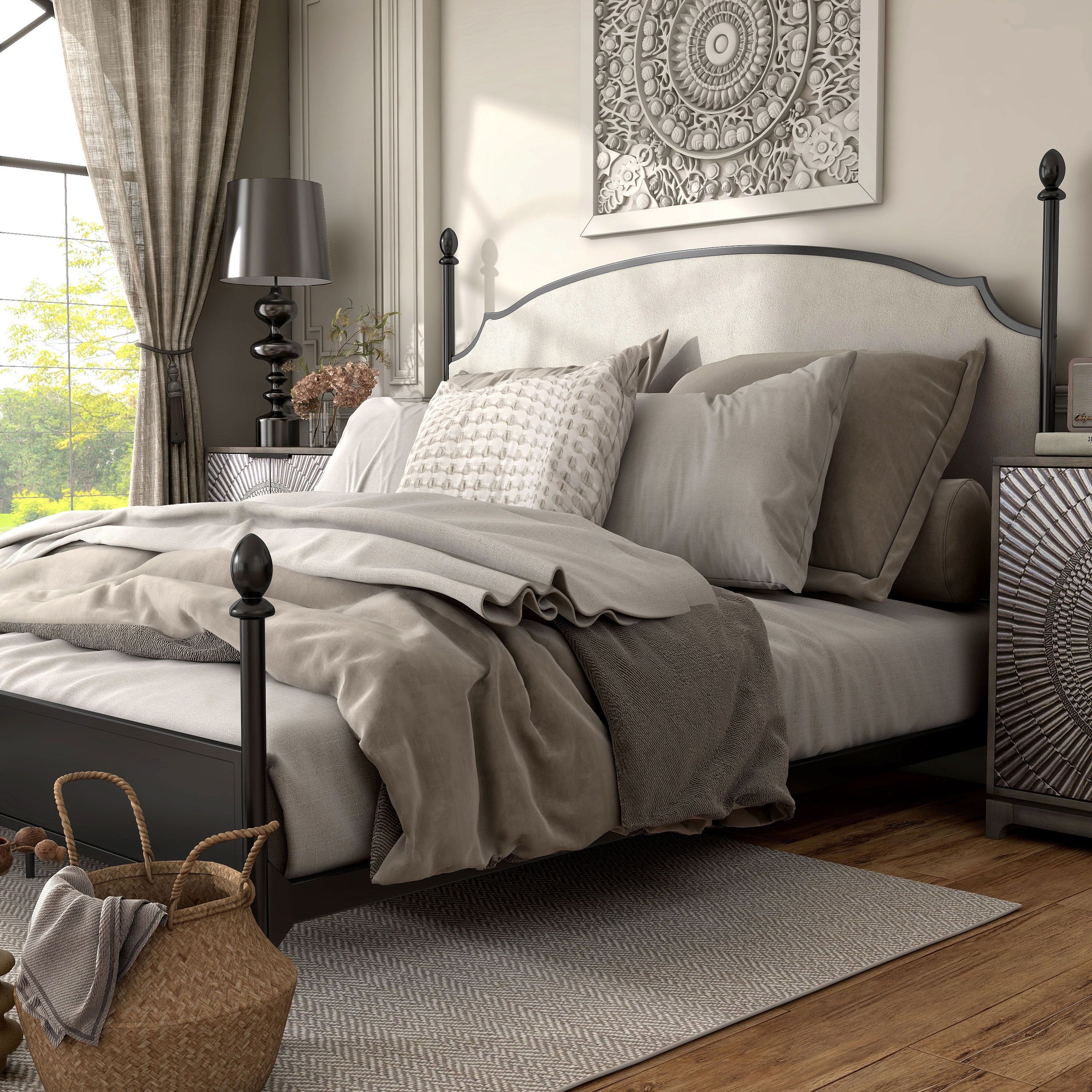 Beige Boucle Upholstered King Metal Four Poster Bed with Arched Headboard