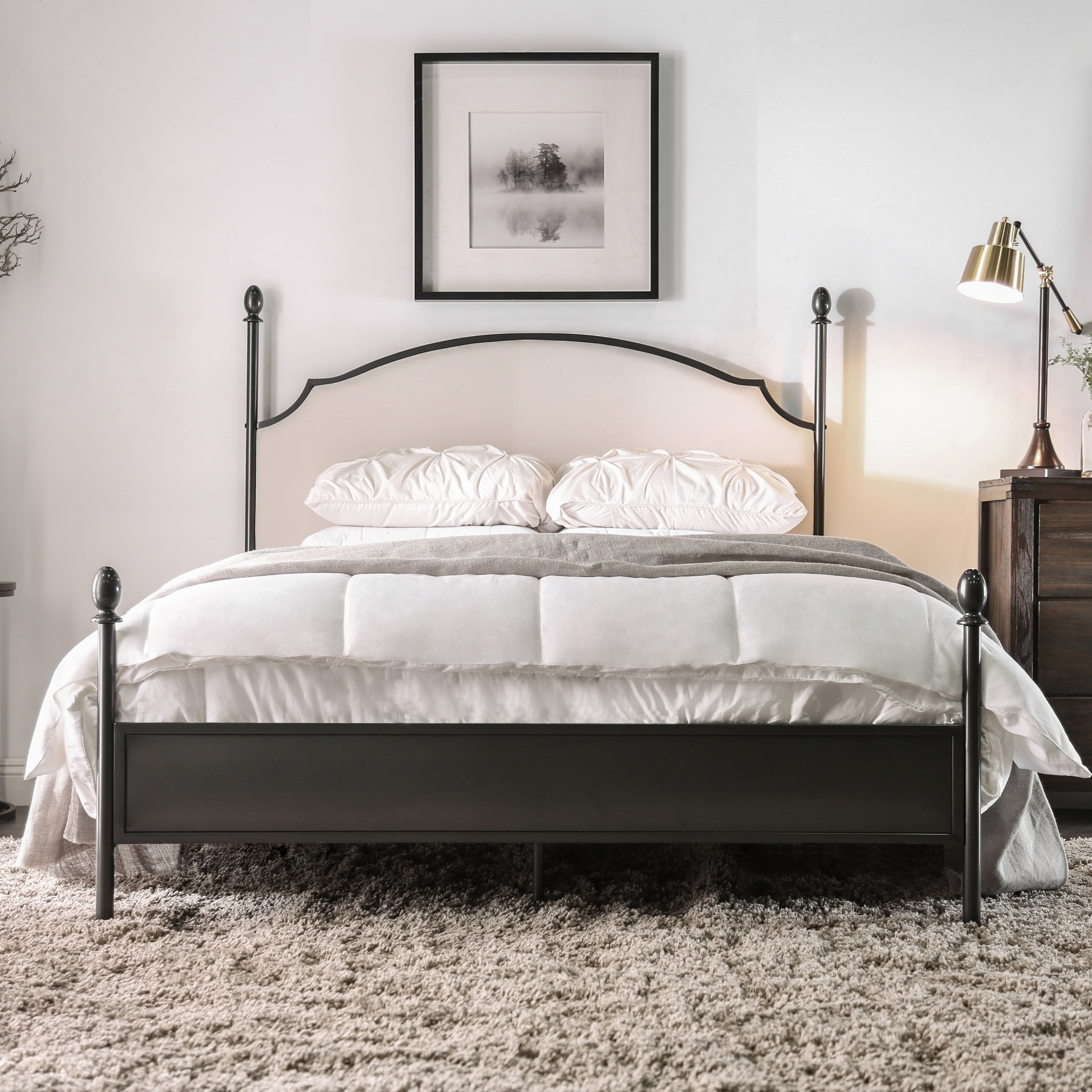 Beige Linen Upholstered Queen Four Poster Bed with Arched Headboard