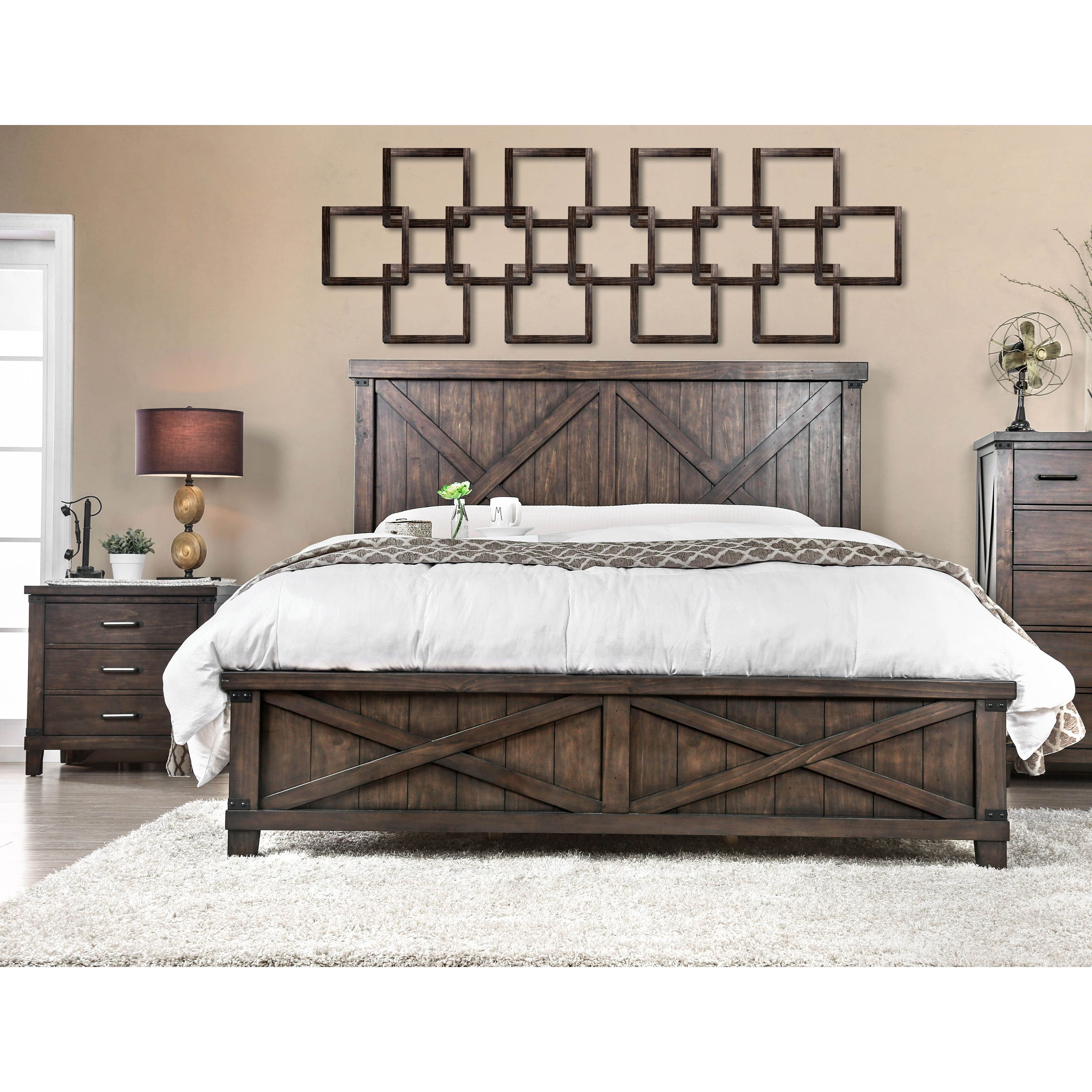 Epona Rustic Dark Walnut Wood Eastern King Bed and Nightstand Set