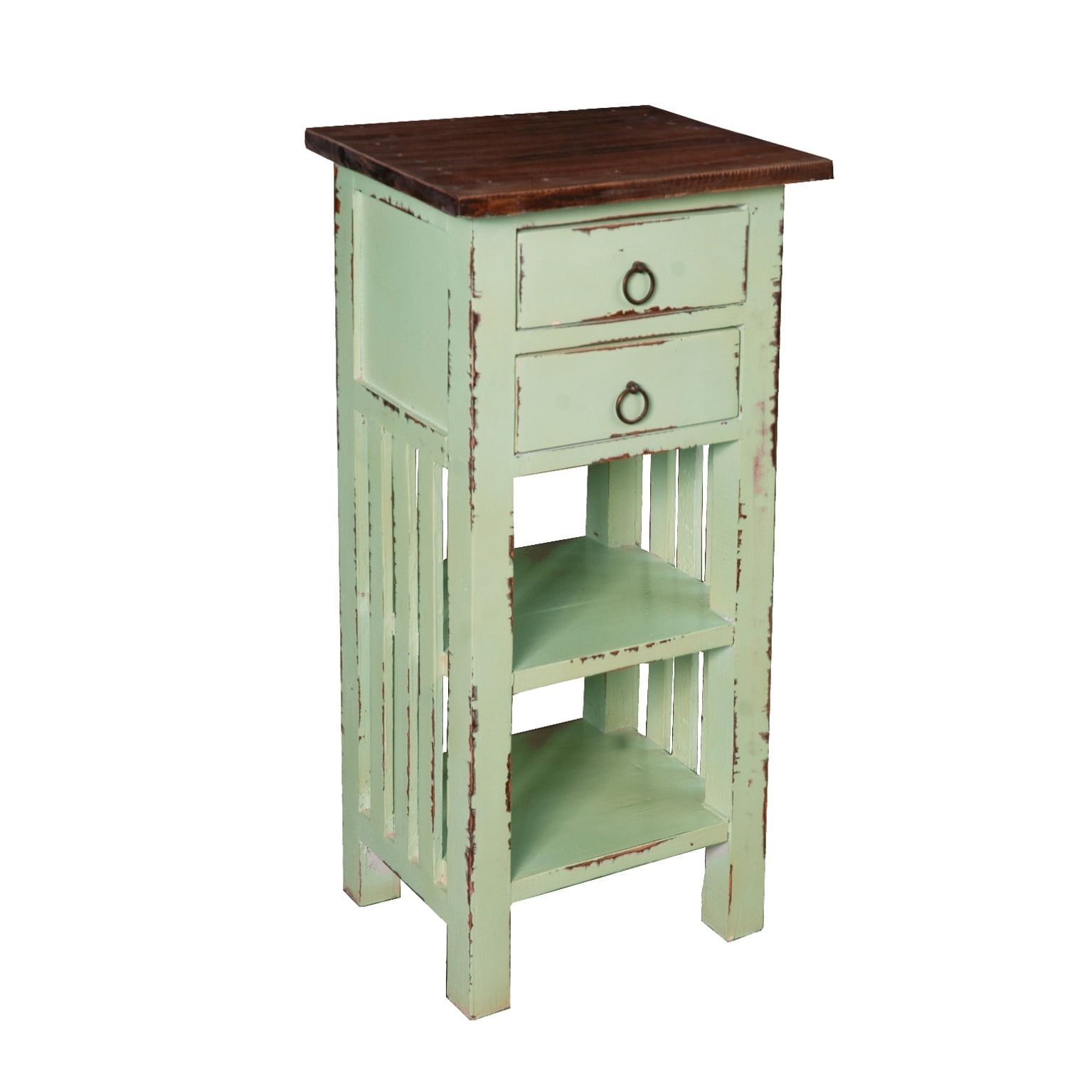 Shabby Chic Pastel Brown and Green Square End Table with Storage