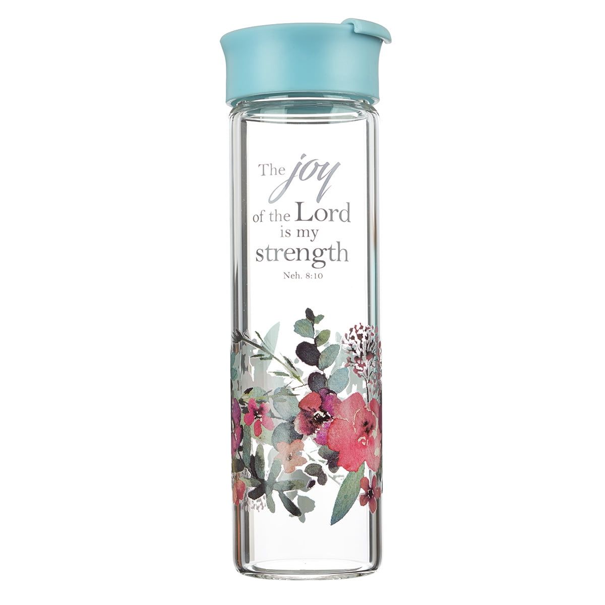 Blue Floral Glass Water Bottle with Inspirational Quote