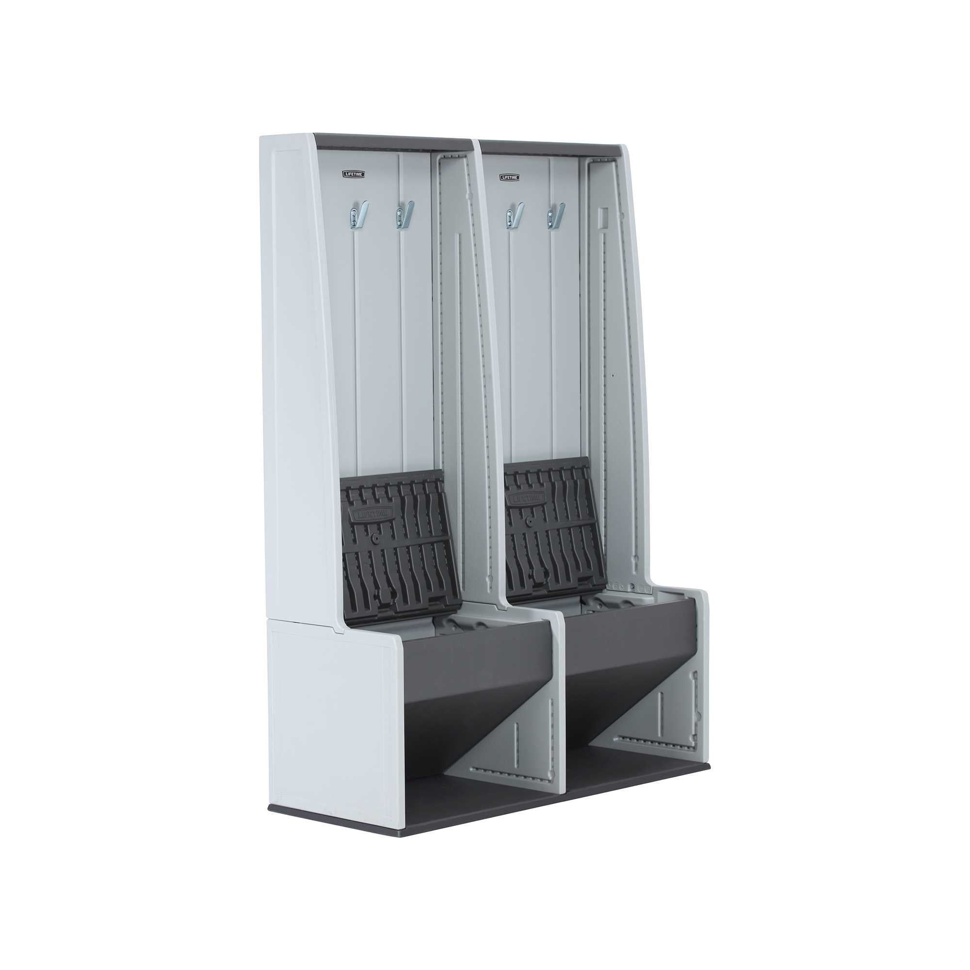 Gray Plastic Double Storage Locker with Bench and Hooks