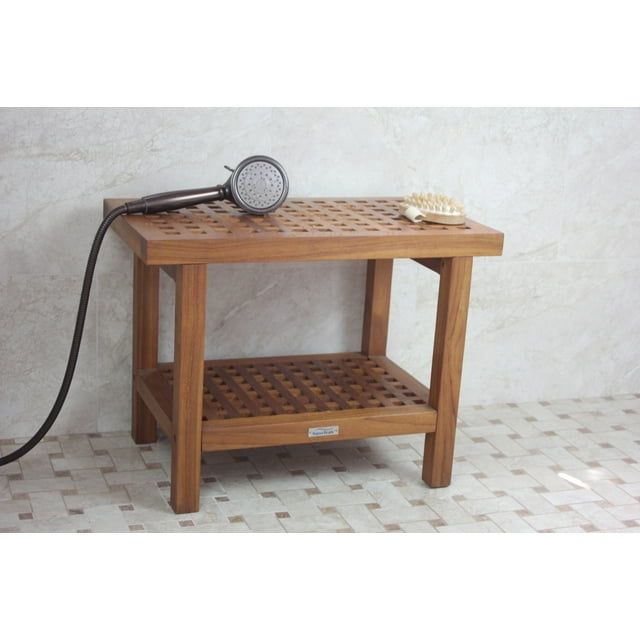 Teak Wood Grate Shower Bench with Shelf, 24 in. Wide