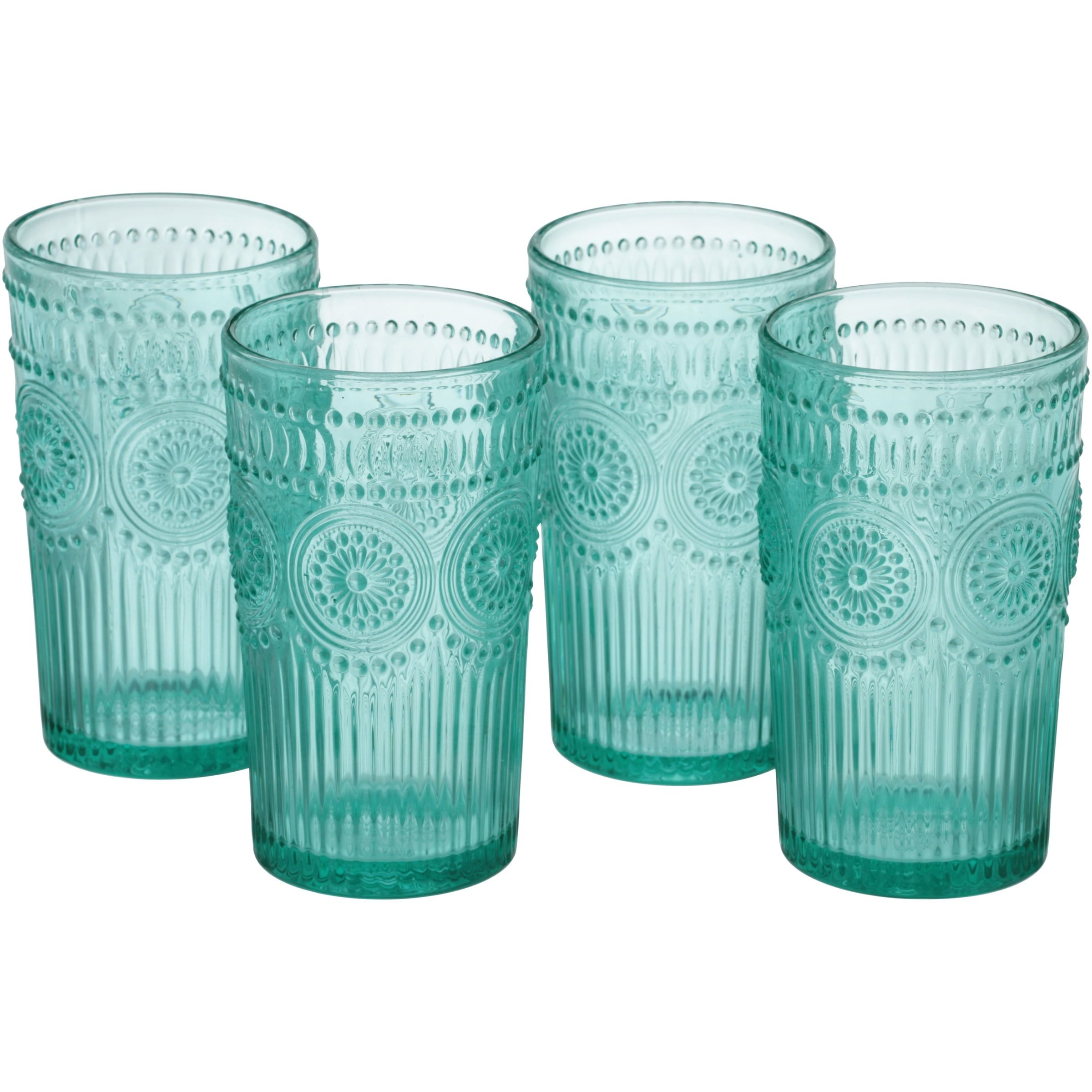 Adeline 16-Ounce Teal Embossed Glass Tumblers, Set of 4