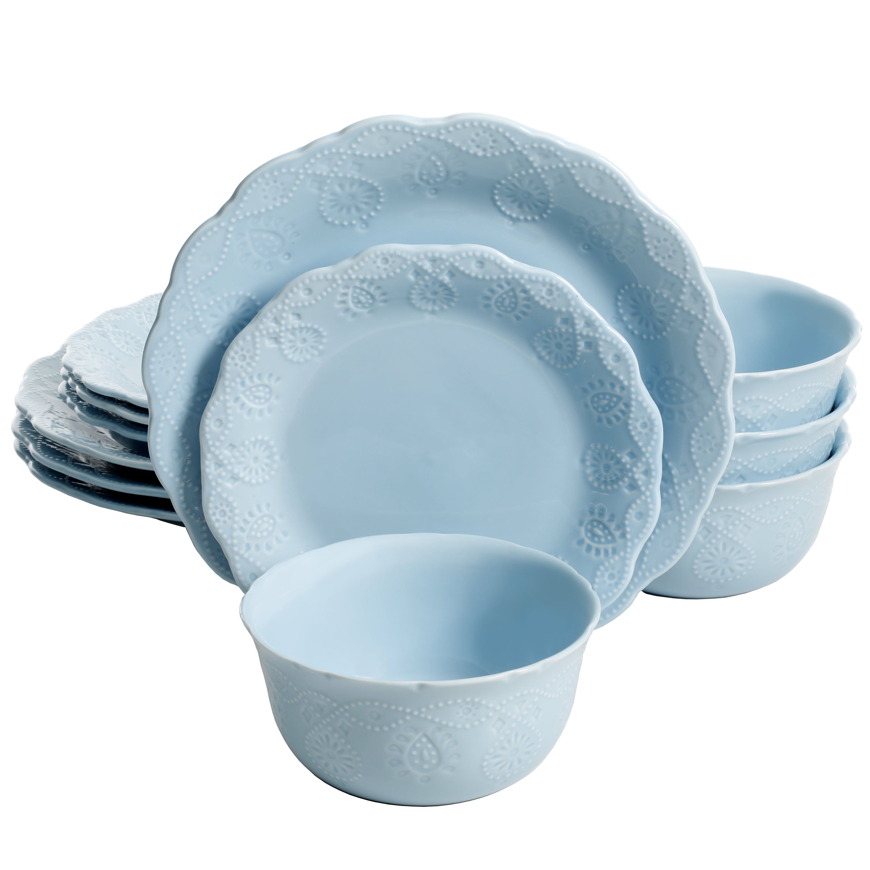 Light Blue Ceramic Lace 12-Piece Dinnerware Set