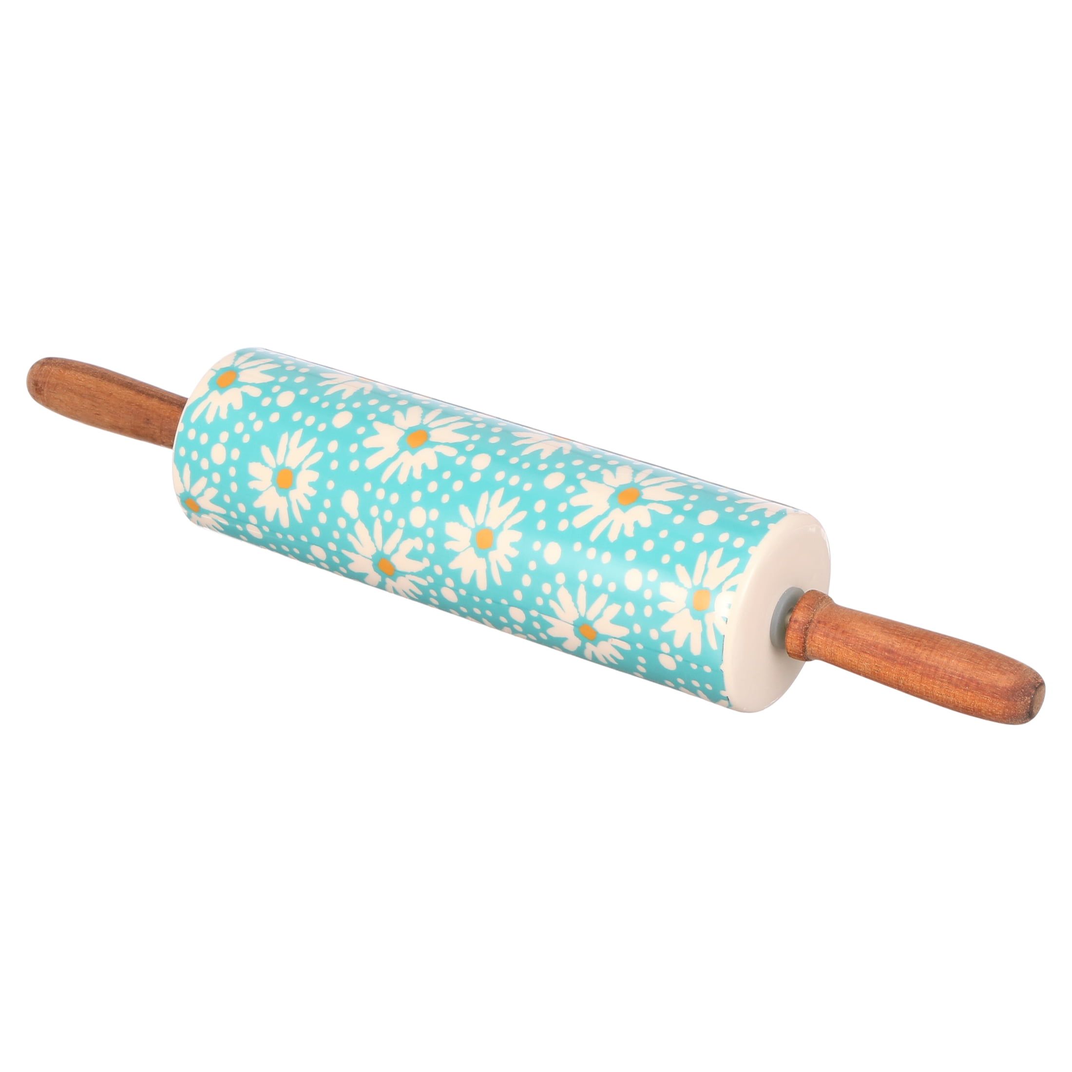 Turquoise Floral Ceramic Rolling Pin with Wood Handles