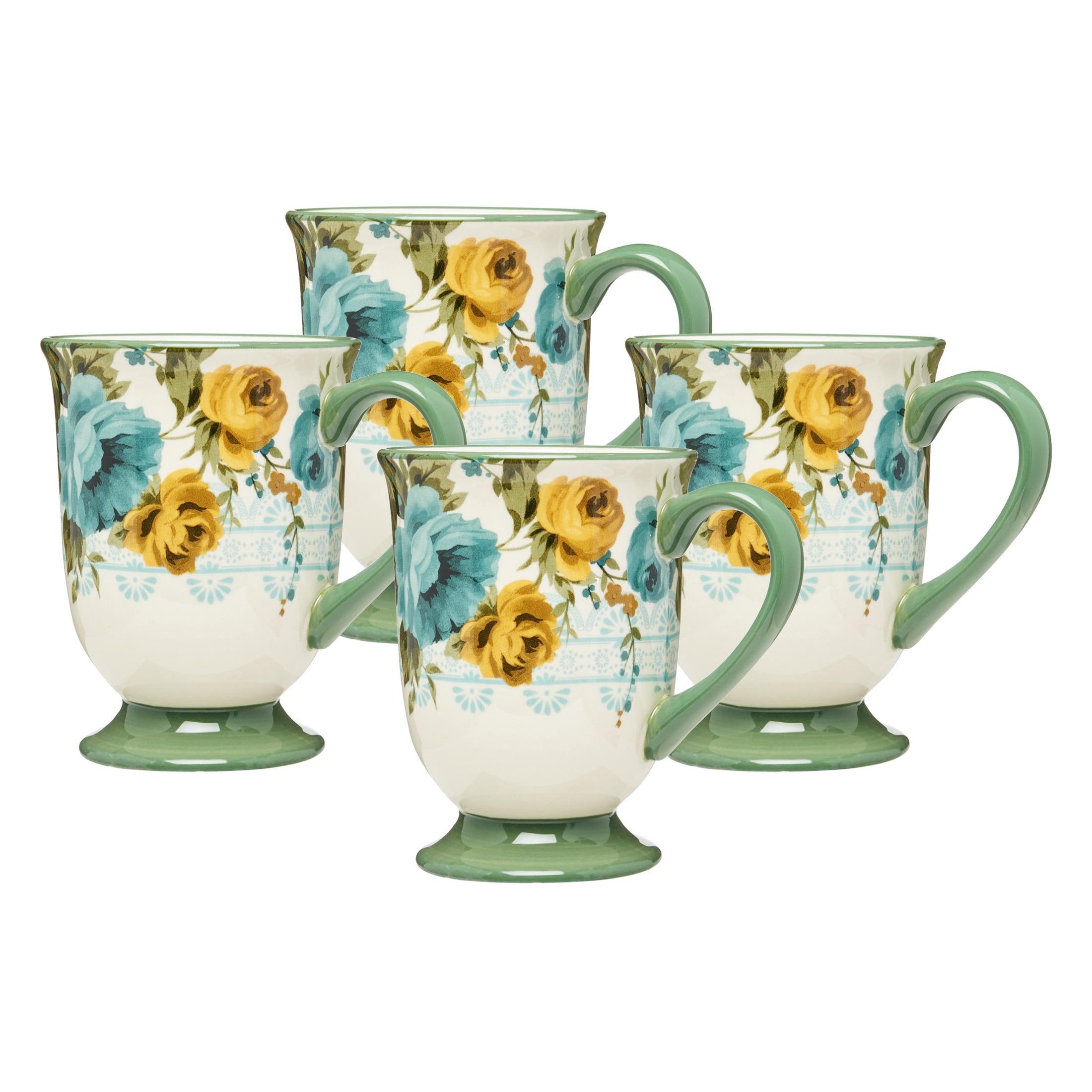 Blue and Yellow Floral Ceramic Latte Mug Set, 18 oz