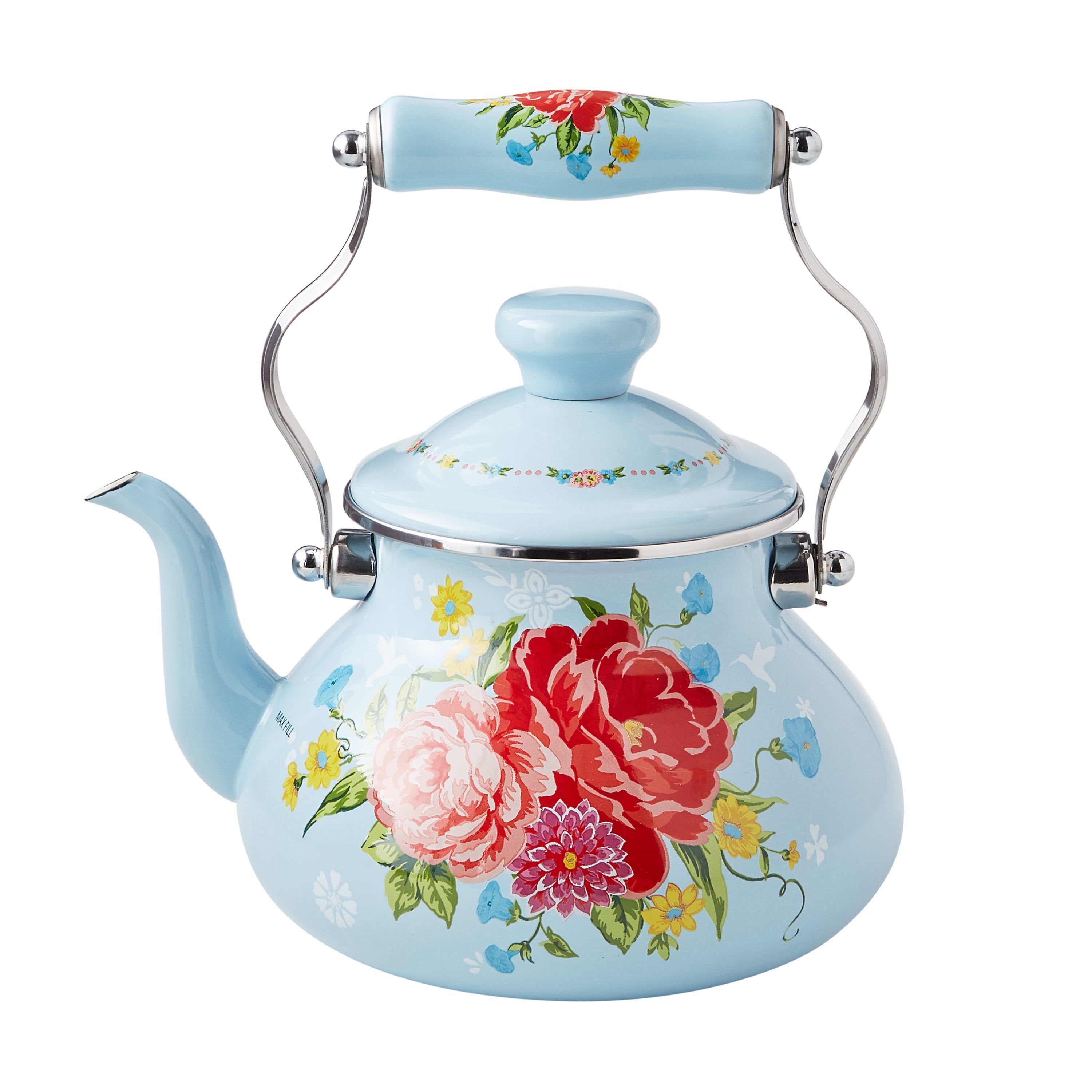 Sweet Rose Blue Enamel 2-Quart Whistling Tea Kettle