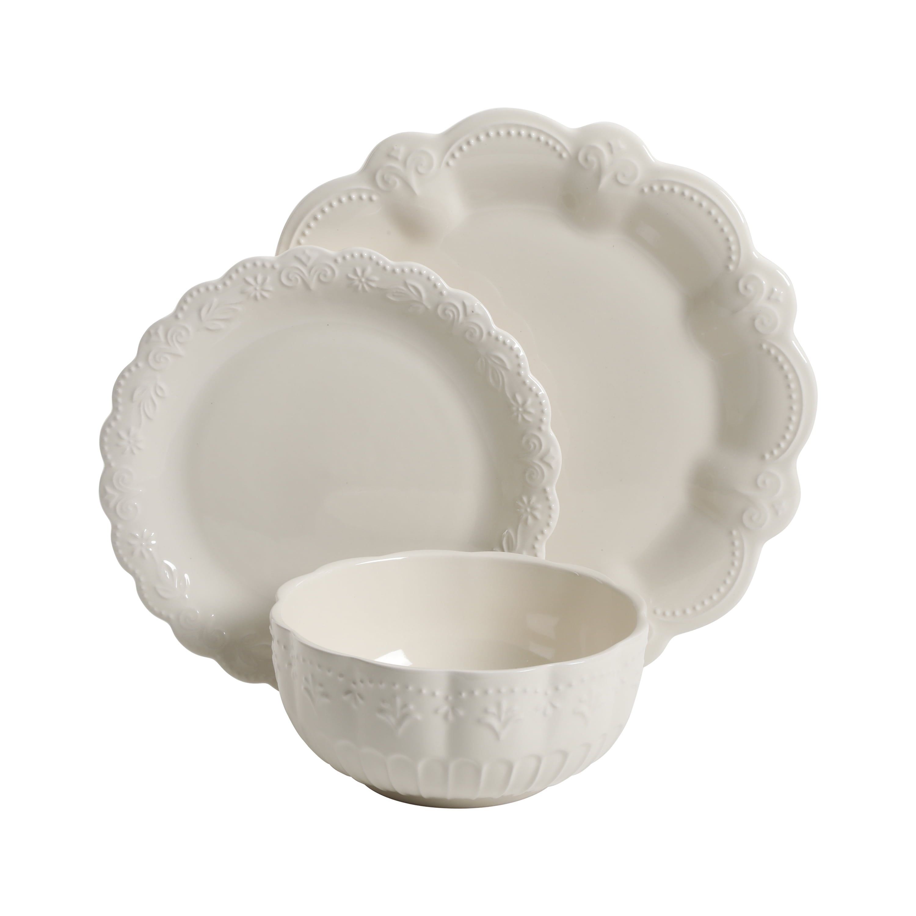 Off-White Ceramic 12-Piece Dinnerware Set with Scalloped Rims