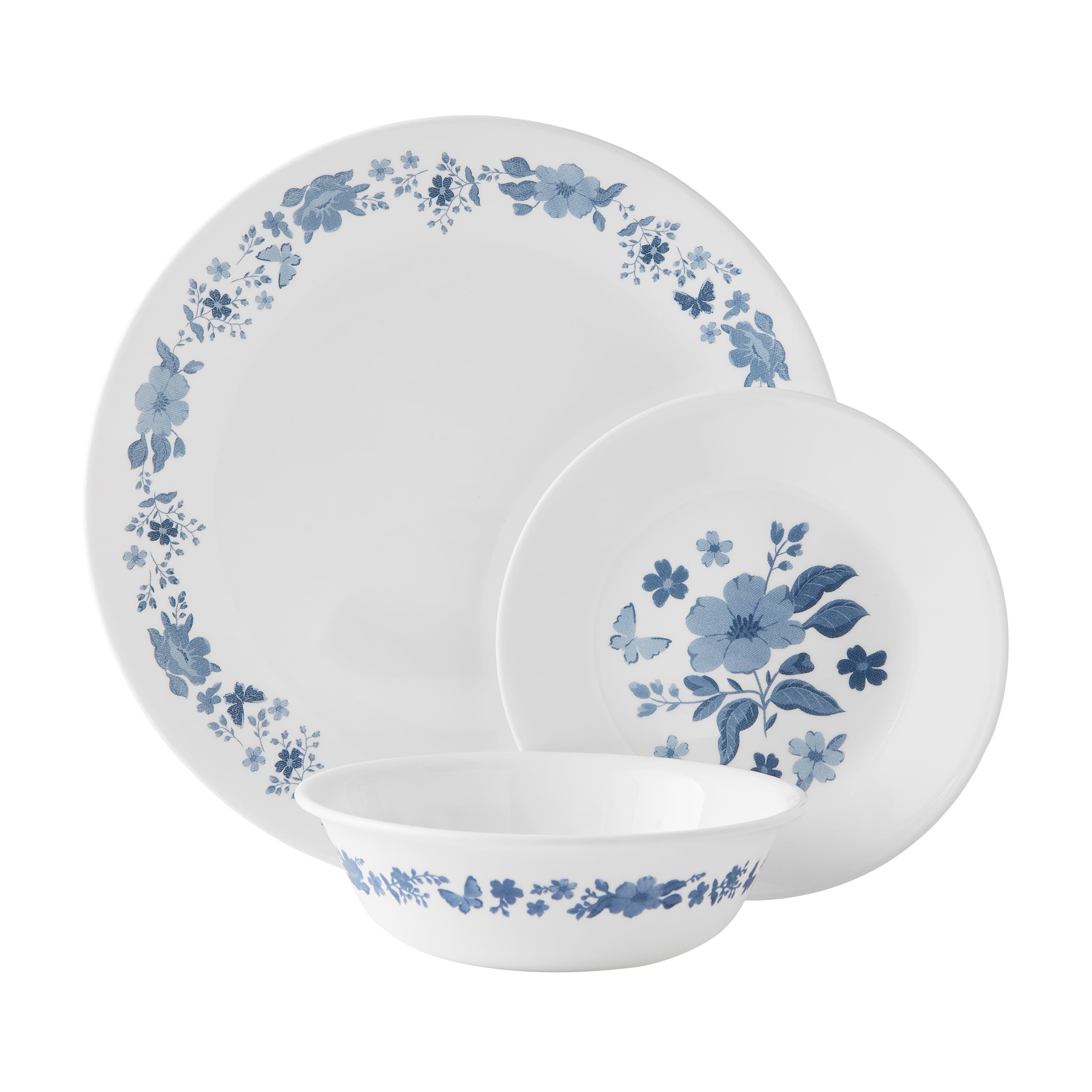 Evie Blue Floral Glass 12-Piece Dinnerware Set