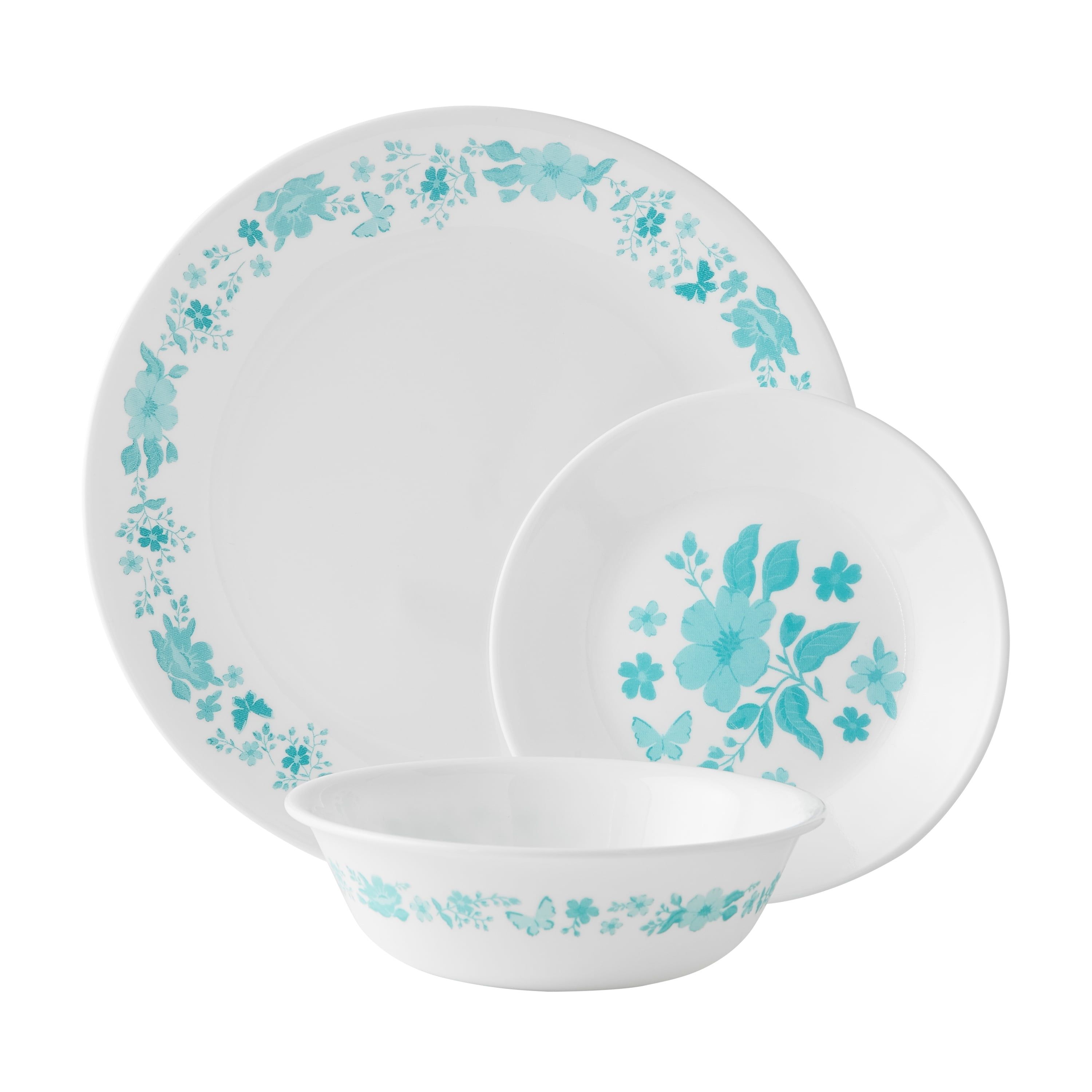 Teal Floral Glass 12-Piece Dinnerware Set, Service for 4