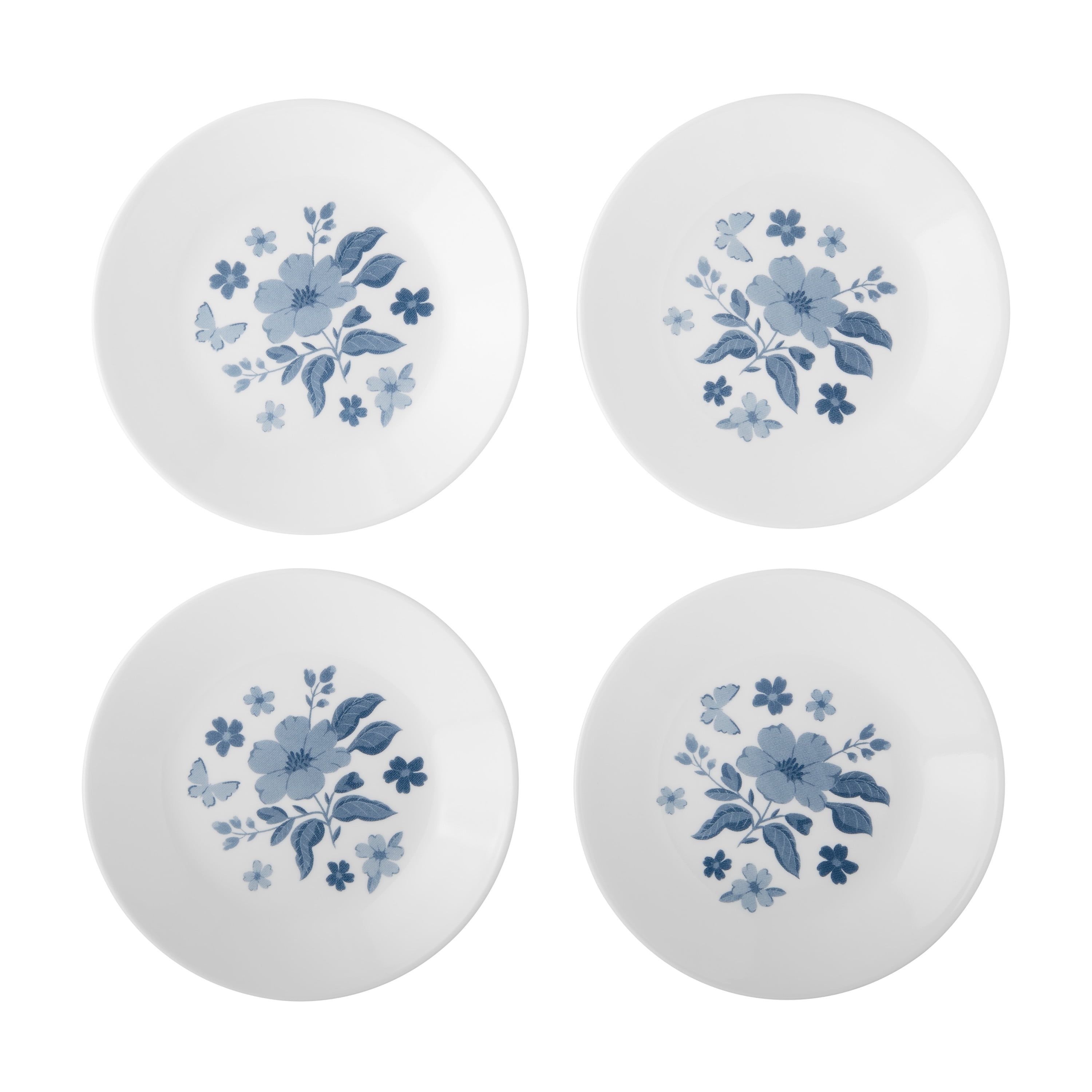 Blue Floral Glass Appetizer Plate Set, 4-Piece