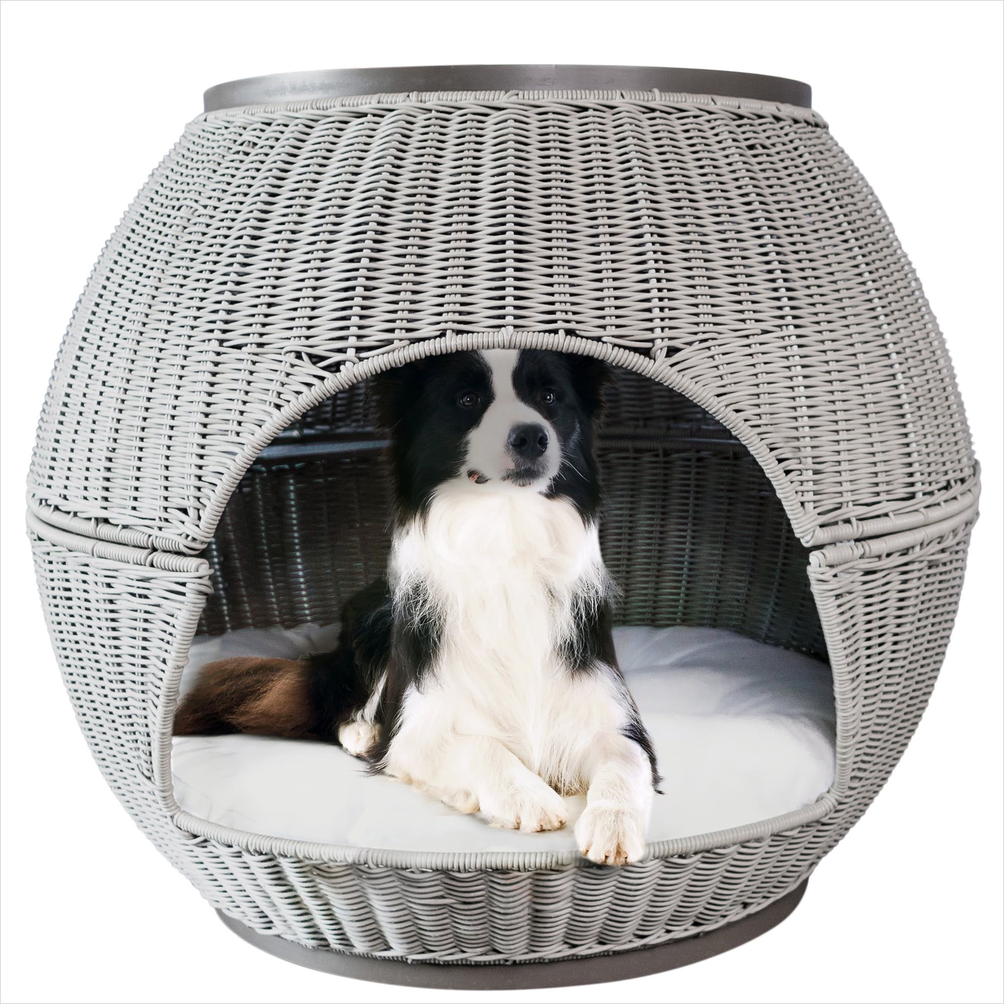 Medium Smoke Faux Rattan Elevated Pet Bed with Cushion