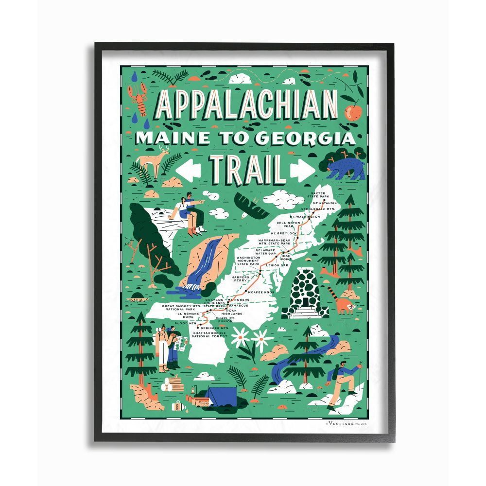 Appalachian Trail Green Illustrated Scenic Map Framed Canvas Art