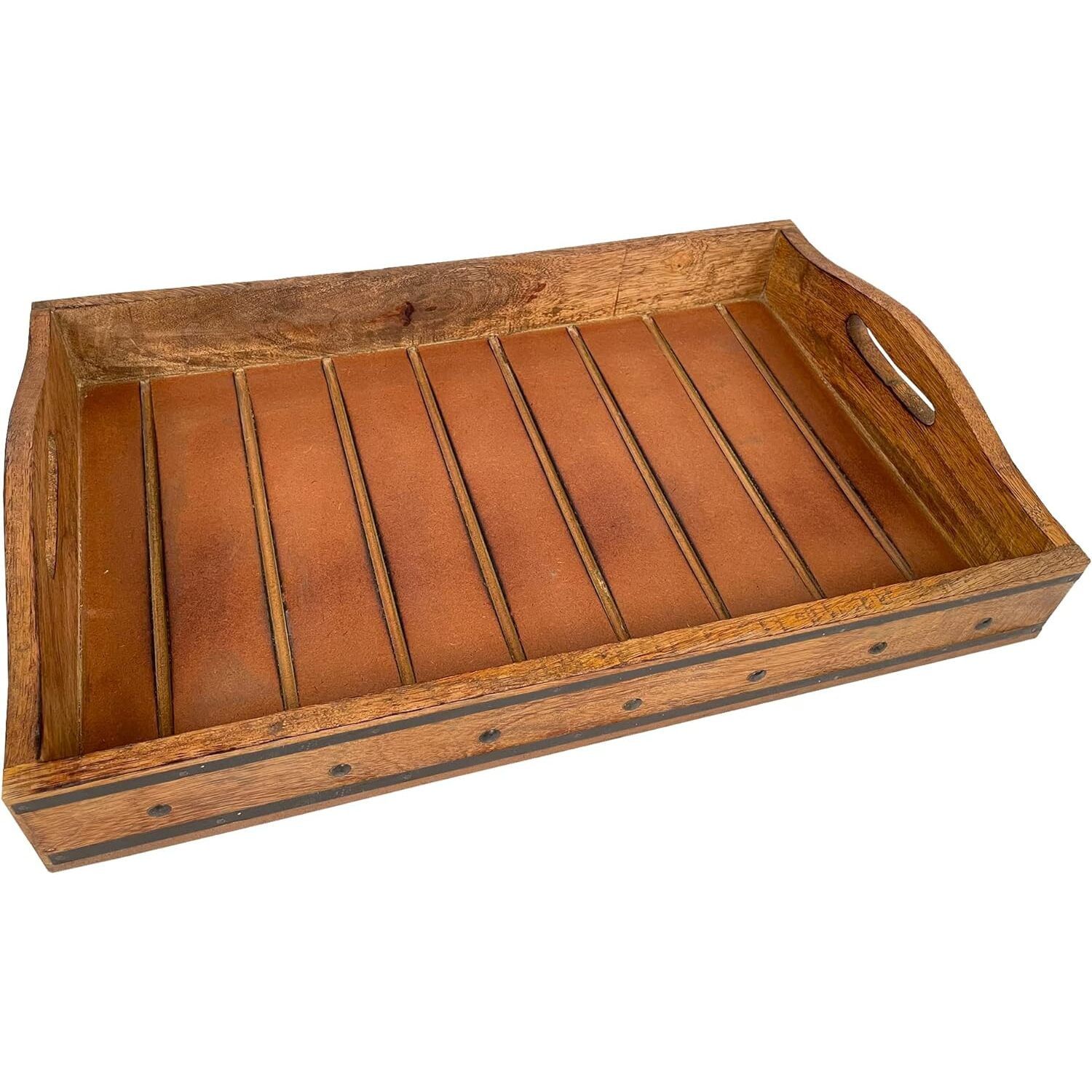 Brown Rectangular Farmhouse Wooden Tray with Metal Trim