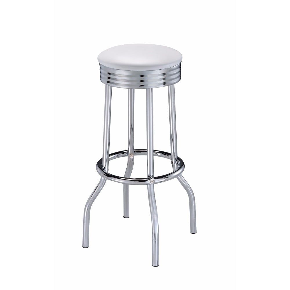 White Faux Leather and Chrome Swivel Bar Stool Set